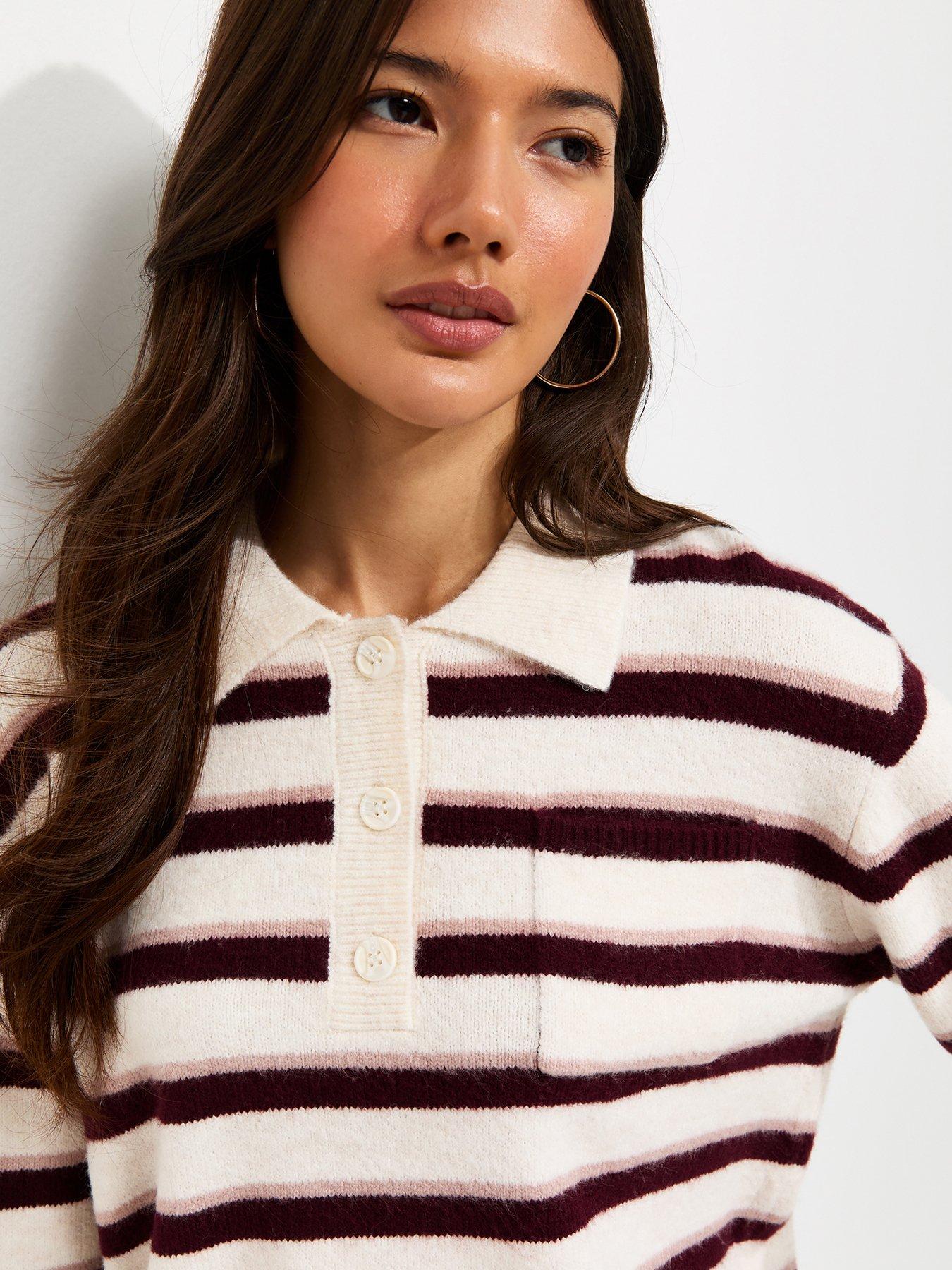 Image 5 of 6 of New Look New Look Womens Striped Patch Pocket Polo Jumper - Cream