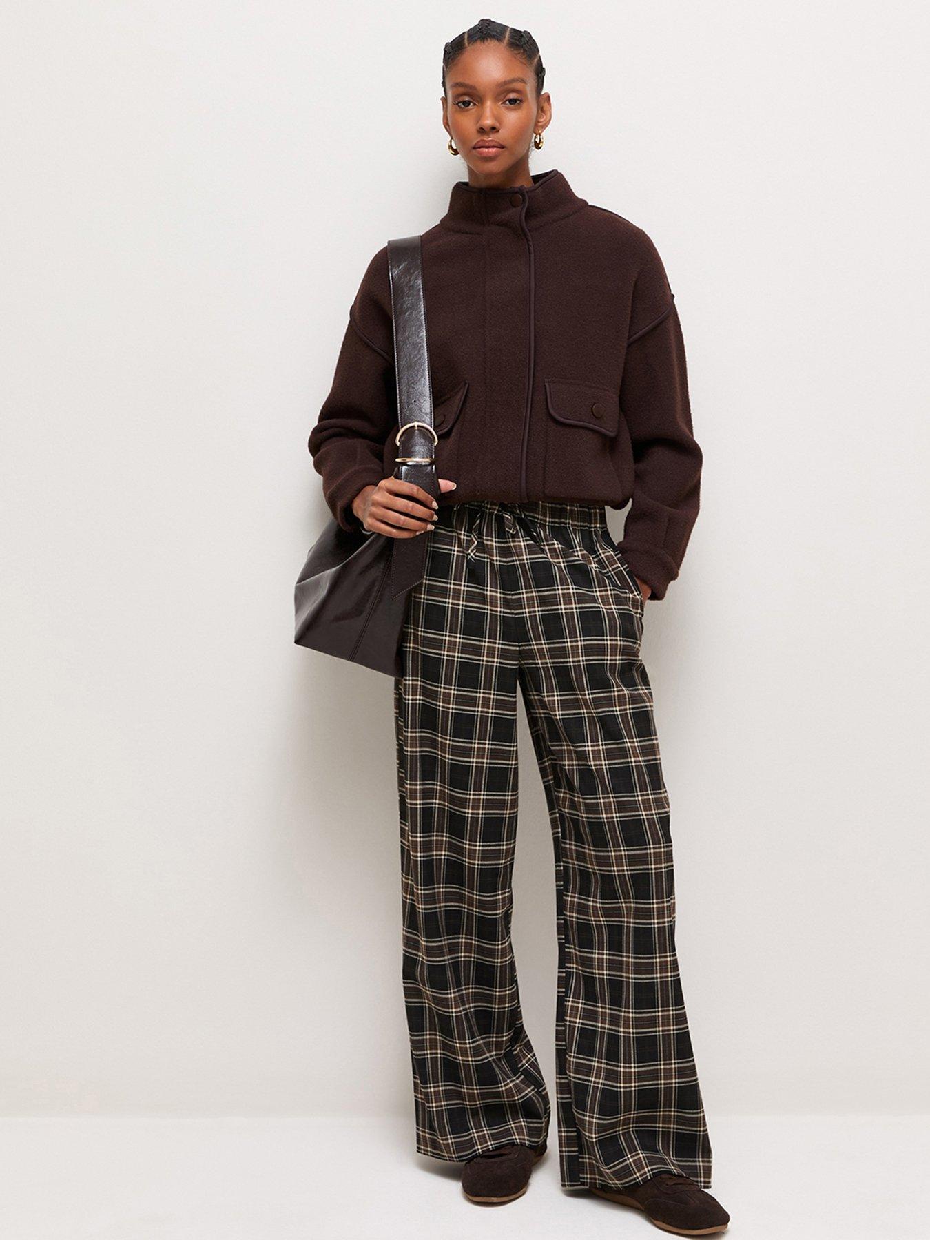New Look Women's Pull On Checked Wide Leg Trousers - Brown