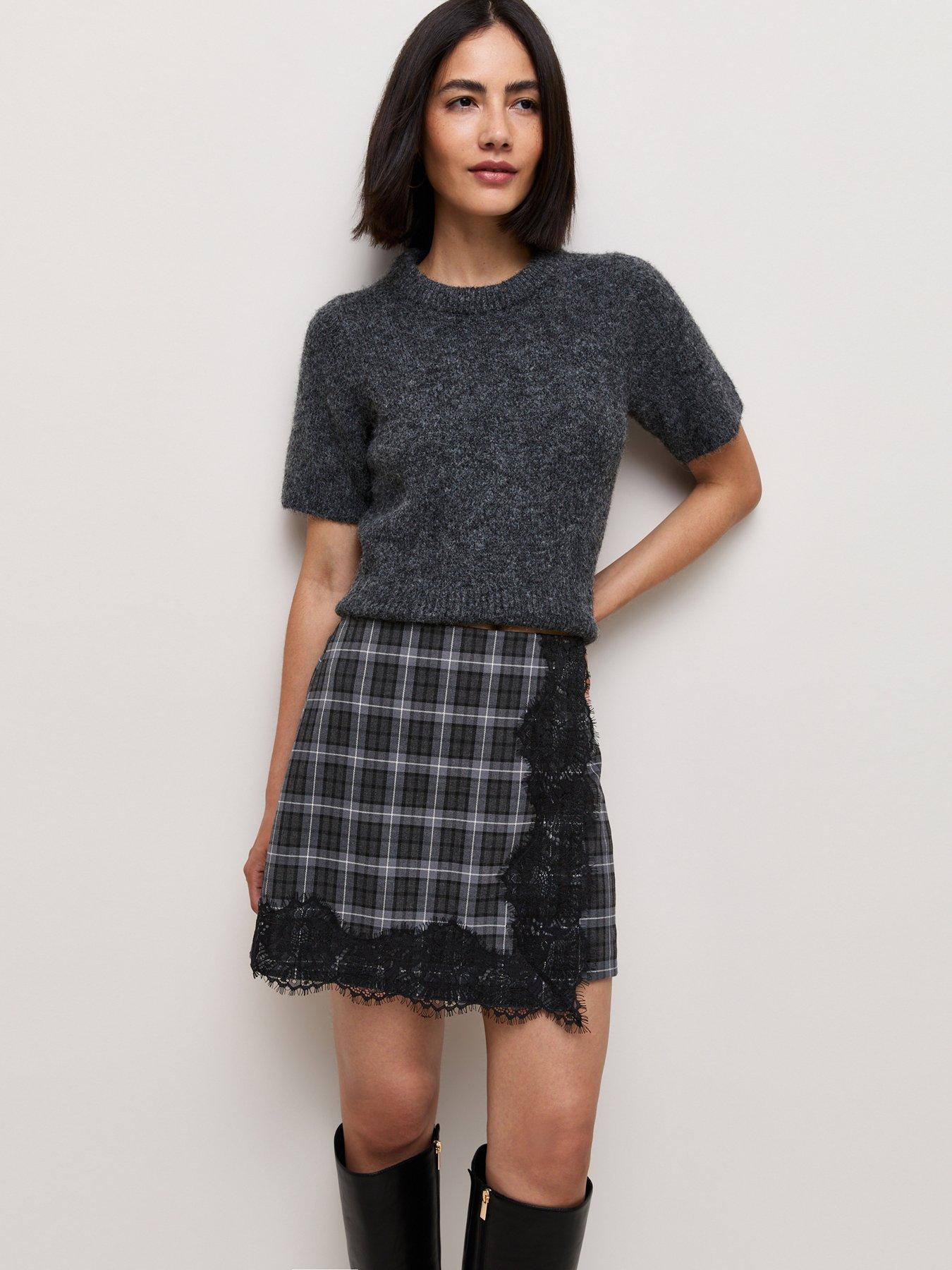 Image 1 of 6 of New Look Grey Woven Check Lace Mini Skirt