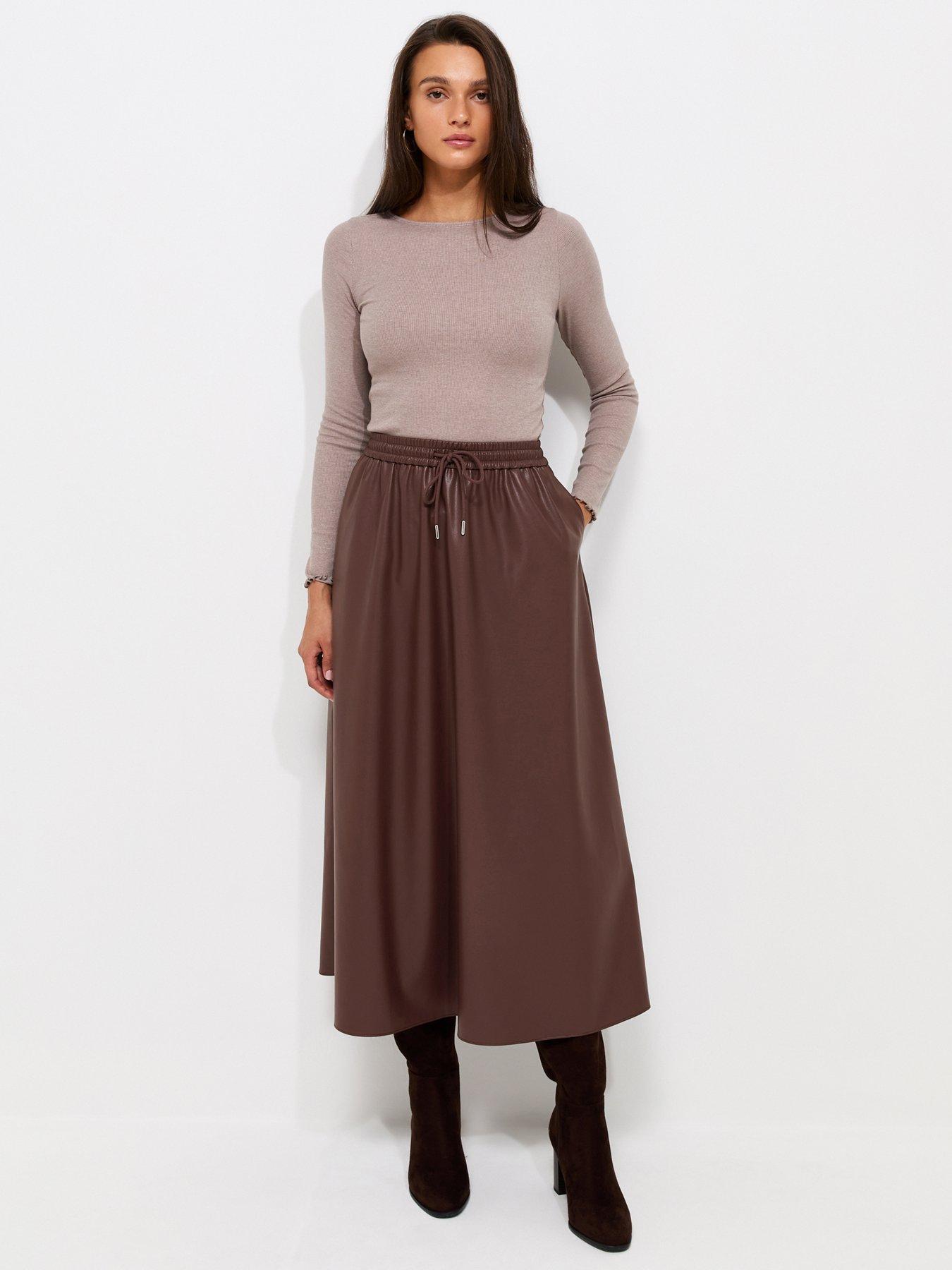 Image 1 of 5 of New Look Faux Leather Circle Midi Skirt - Dark Brown