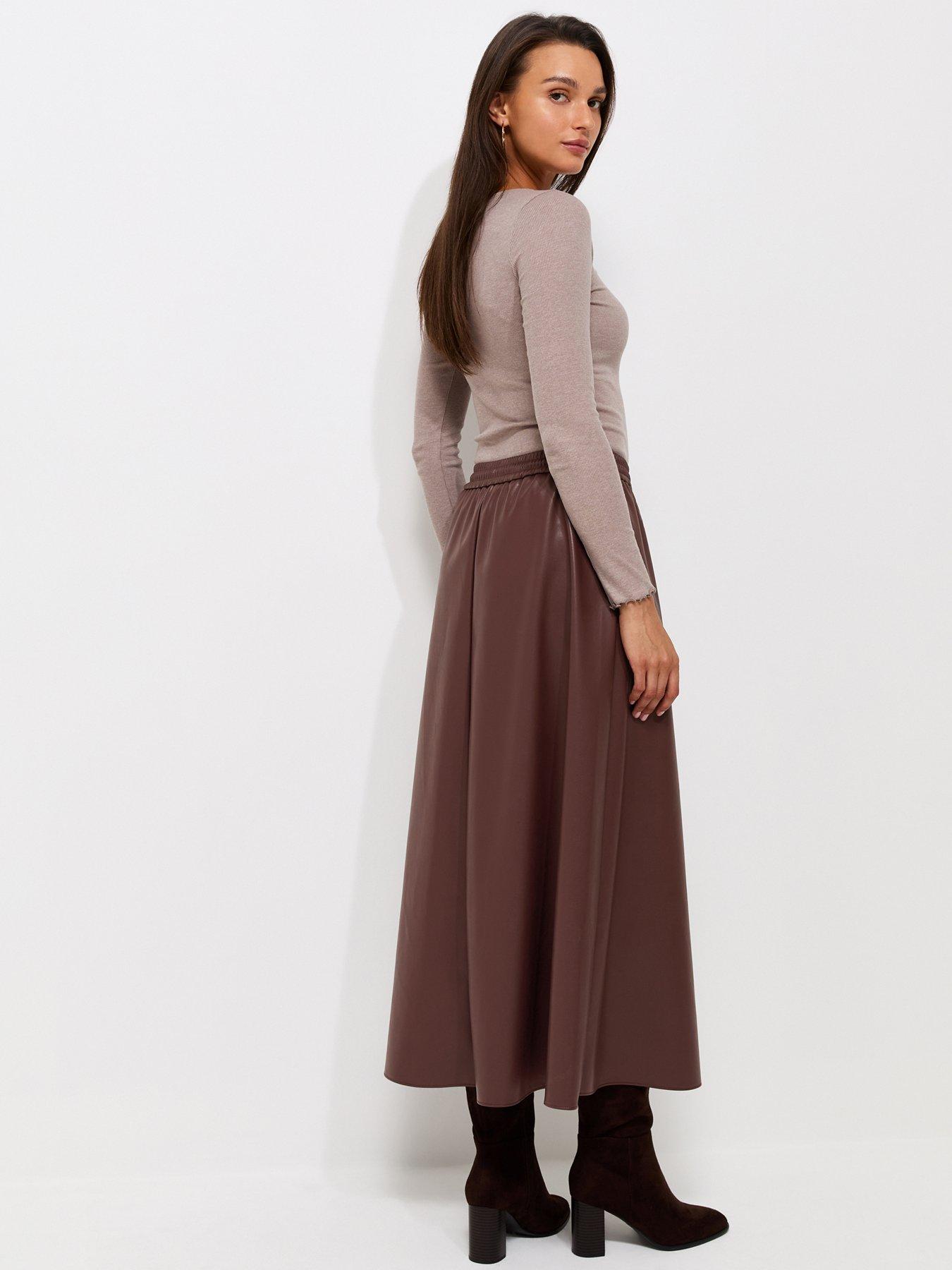 Image 2 of 5 of New Look Faux Leather Circle Midi Skirt - Dark Brown