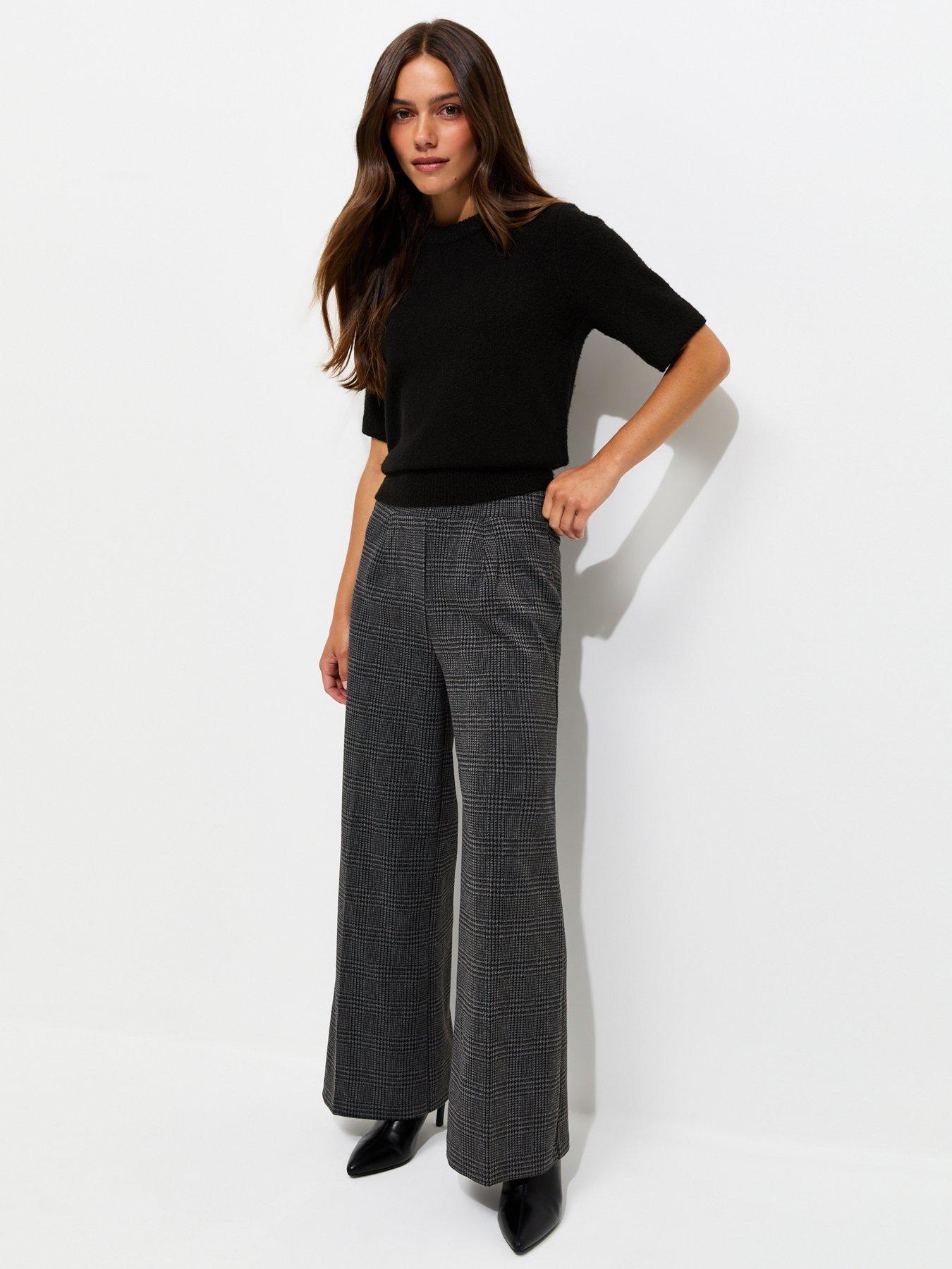 New Look Petite Checked Jersey Wide Leg Trousers - Black