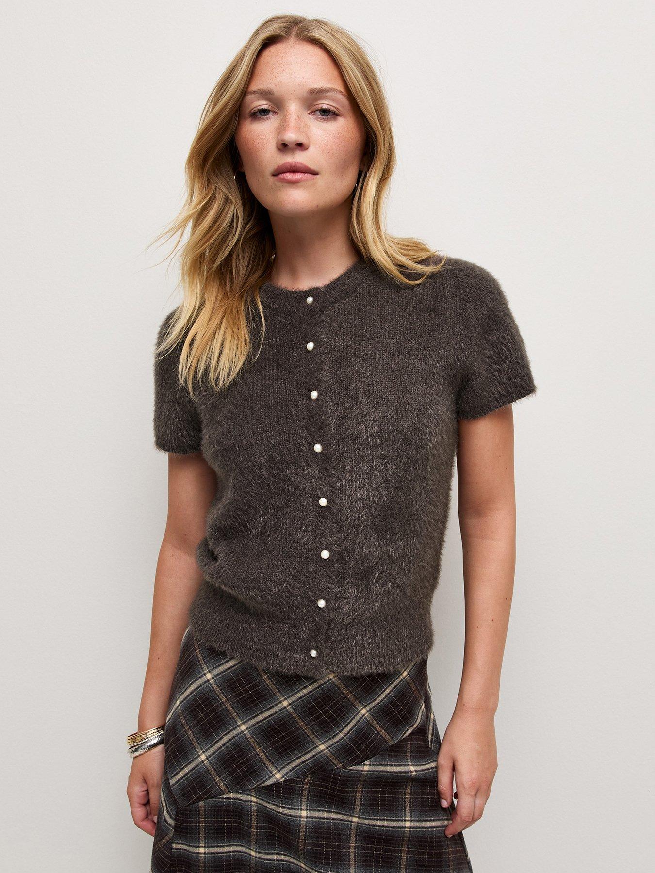 Image 1 of 5 of New Look Womens Fluffy Ribbed Cap Sleeve Cardigan - Brown