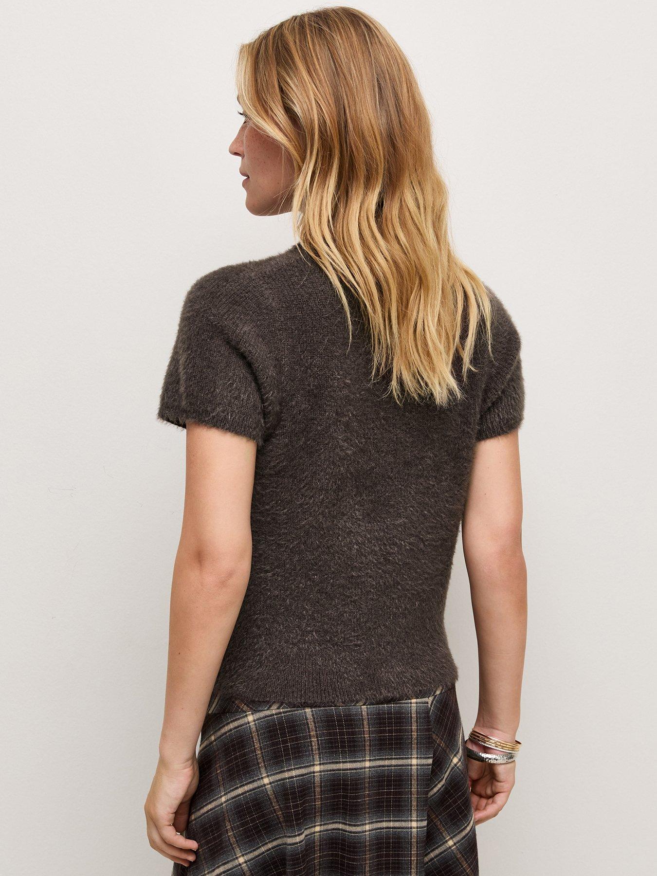 Image 2 of 5 of New Look Womens Fluffy Ribbed Cap Sleeve Cardigan - Brown