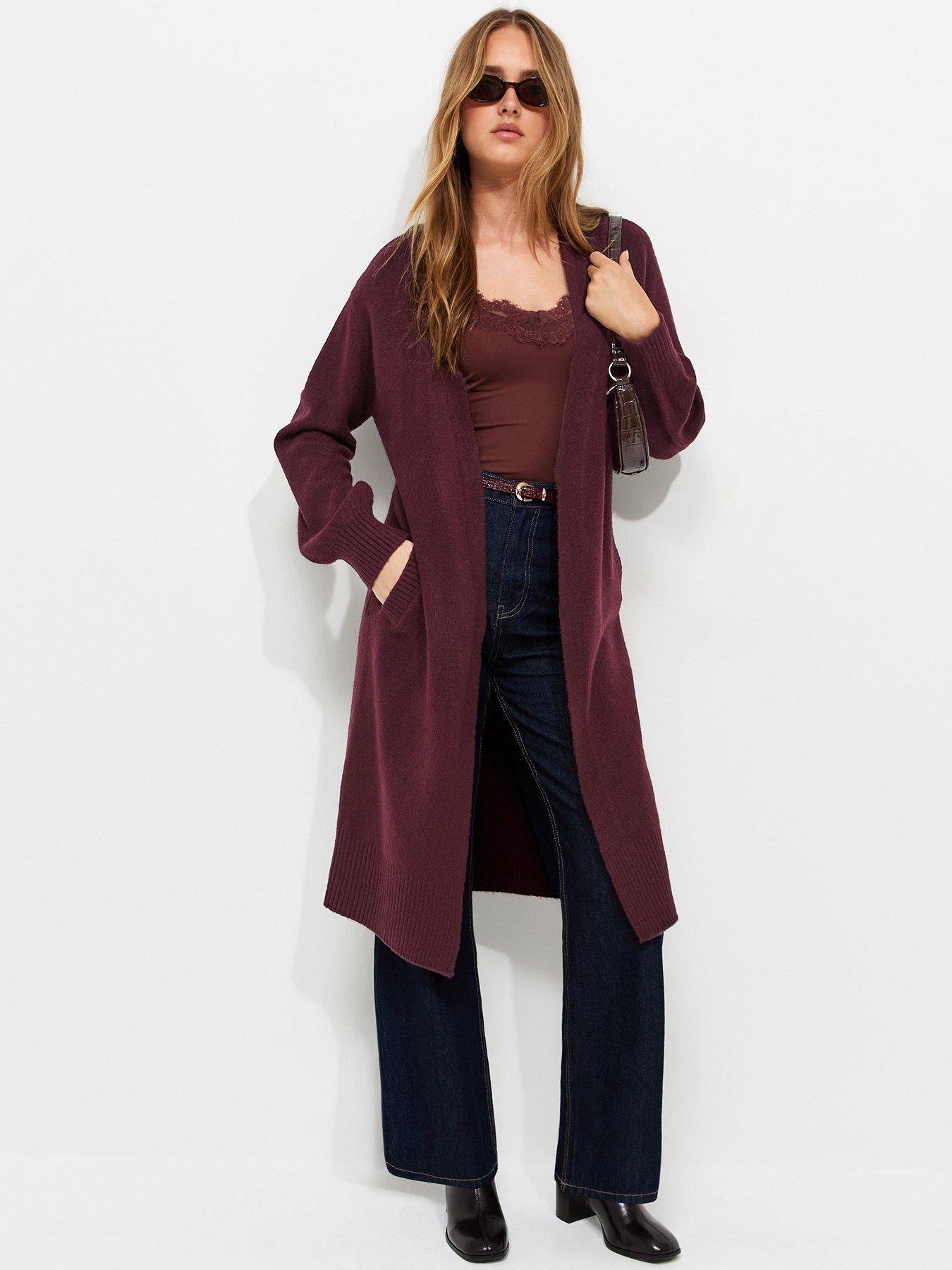 Image 1 of 5 of New Look Womens Midweight Open Front Pocket Midi Cardigan - Dark Red