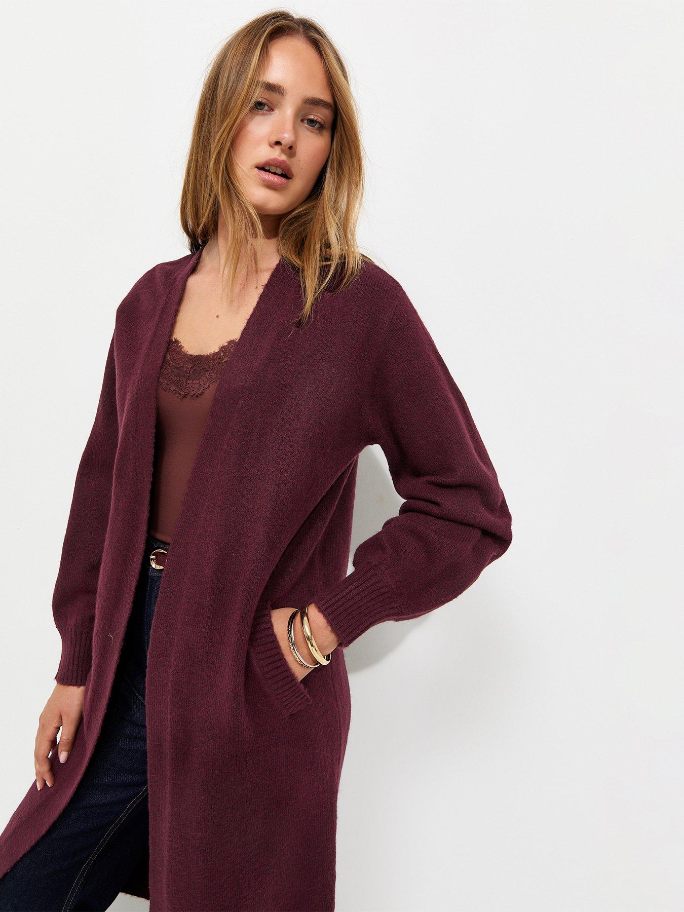Image 3 of 5 of New Look Womens Midweight Open Front Pocket Midi Cardigan - Dark Red