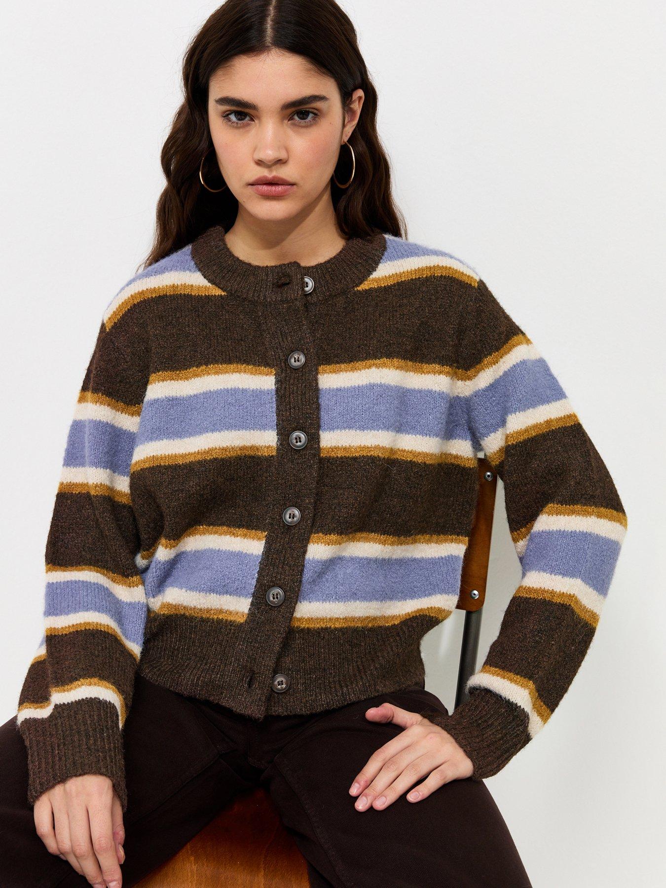 New Look Knitted Contrast Stripe Button Front Cardigan - Brown