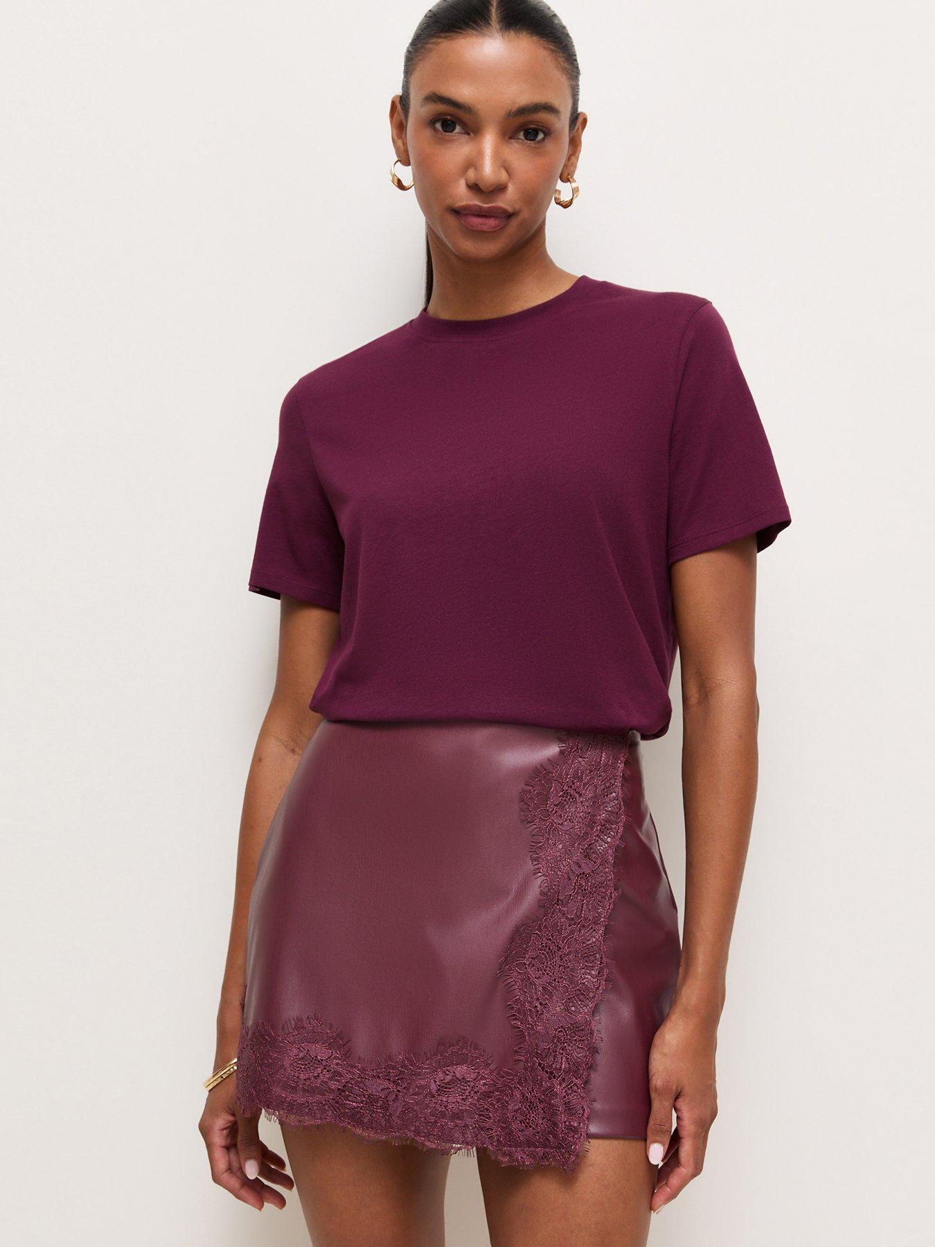 Image 1 of 5 of New Look Dark Burgundy Lace Trim Wrap Front Faux Leather Skort