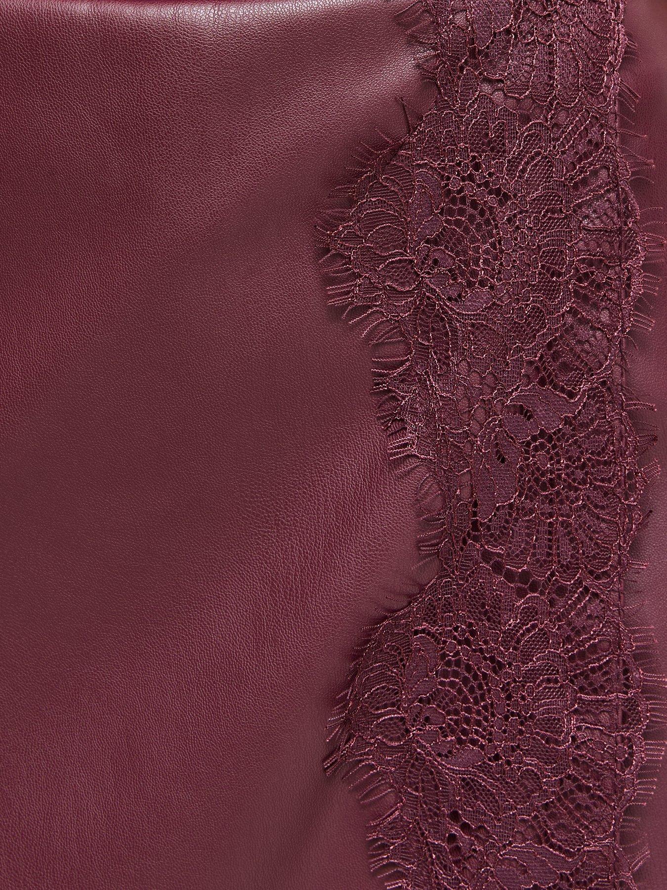 Image 5 of 5 of New Look Dark Burgundy Lace Trim Wrap Front Faux Leather Skort