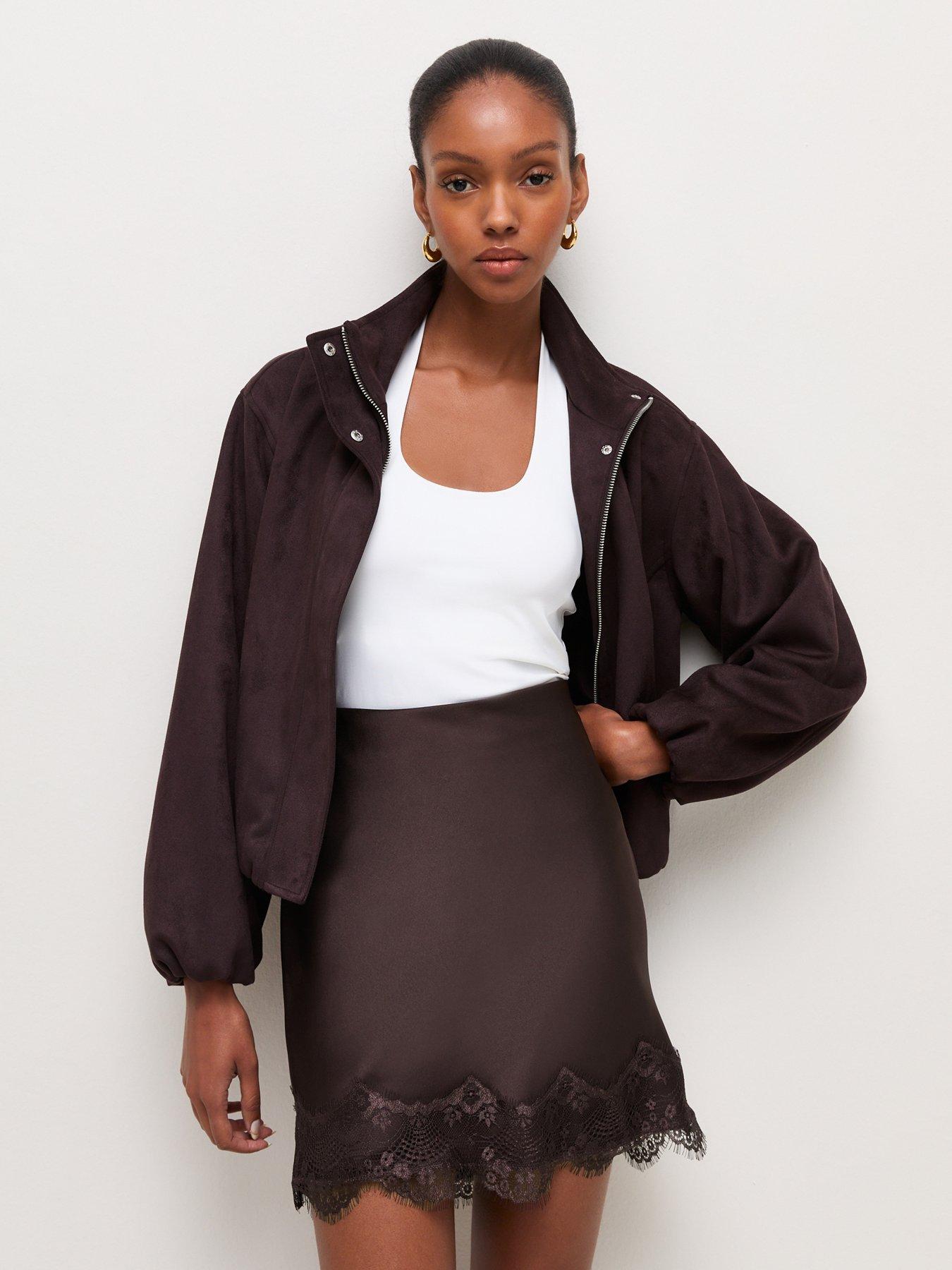 Image 1 of 6 of New Look Womens Satin Lace Hem Mini Skirt - Brown