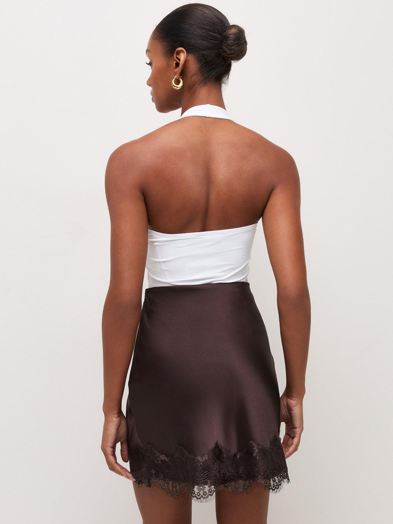 Image 2 of 6 of New Look Womens Satin Lace Hem Mini Skirt - Brown