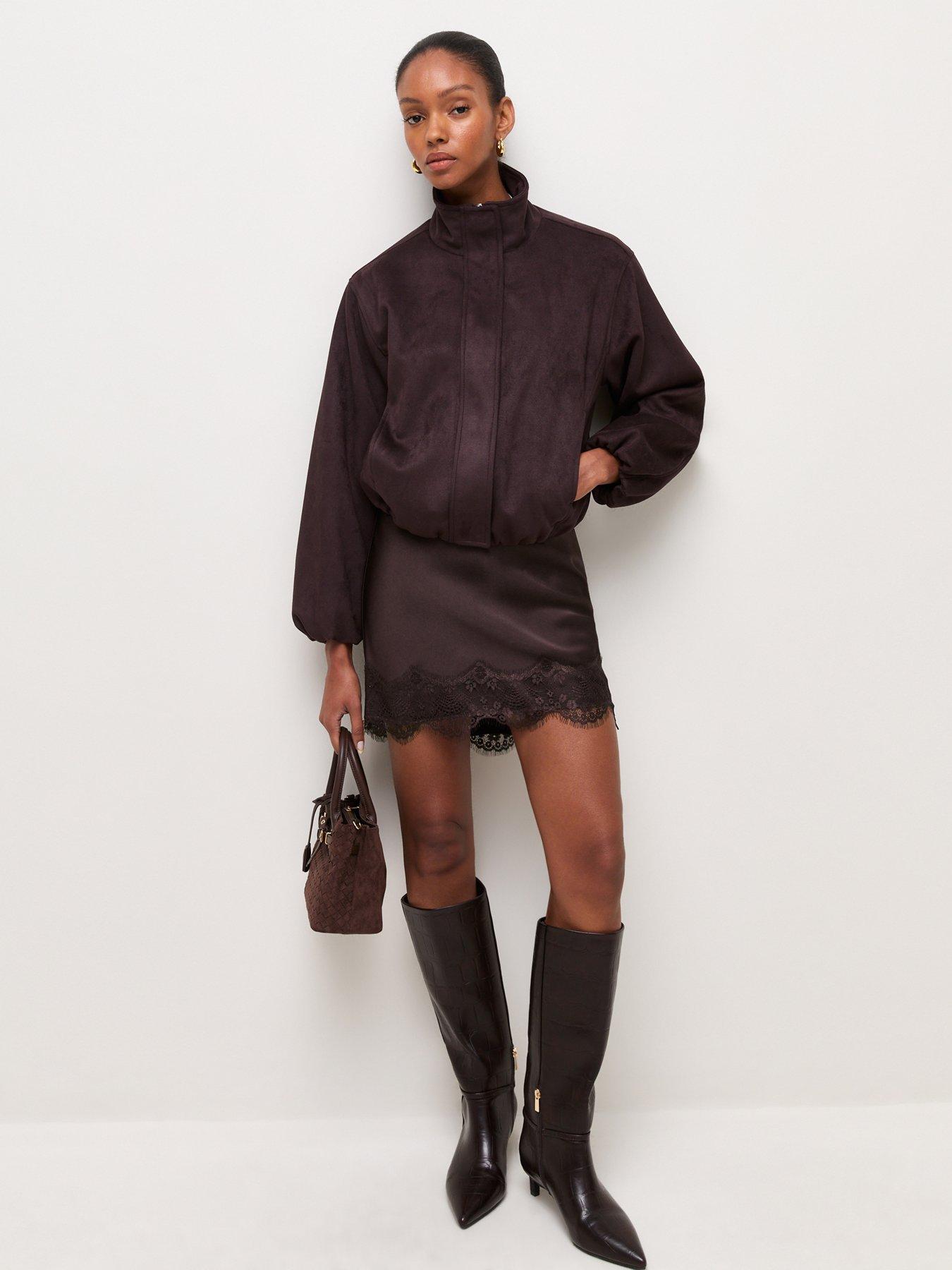 Image 3 of 6 of New Look Womens Satin Lace Hem Mini Skirt - Brown
