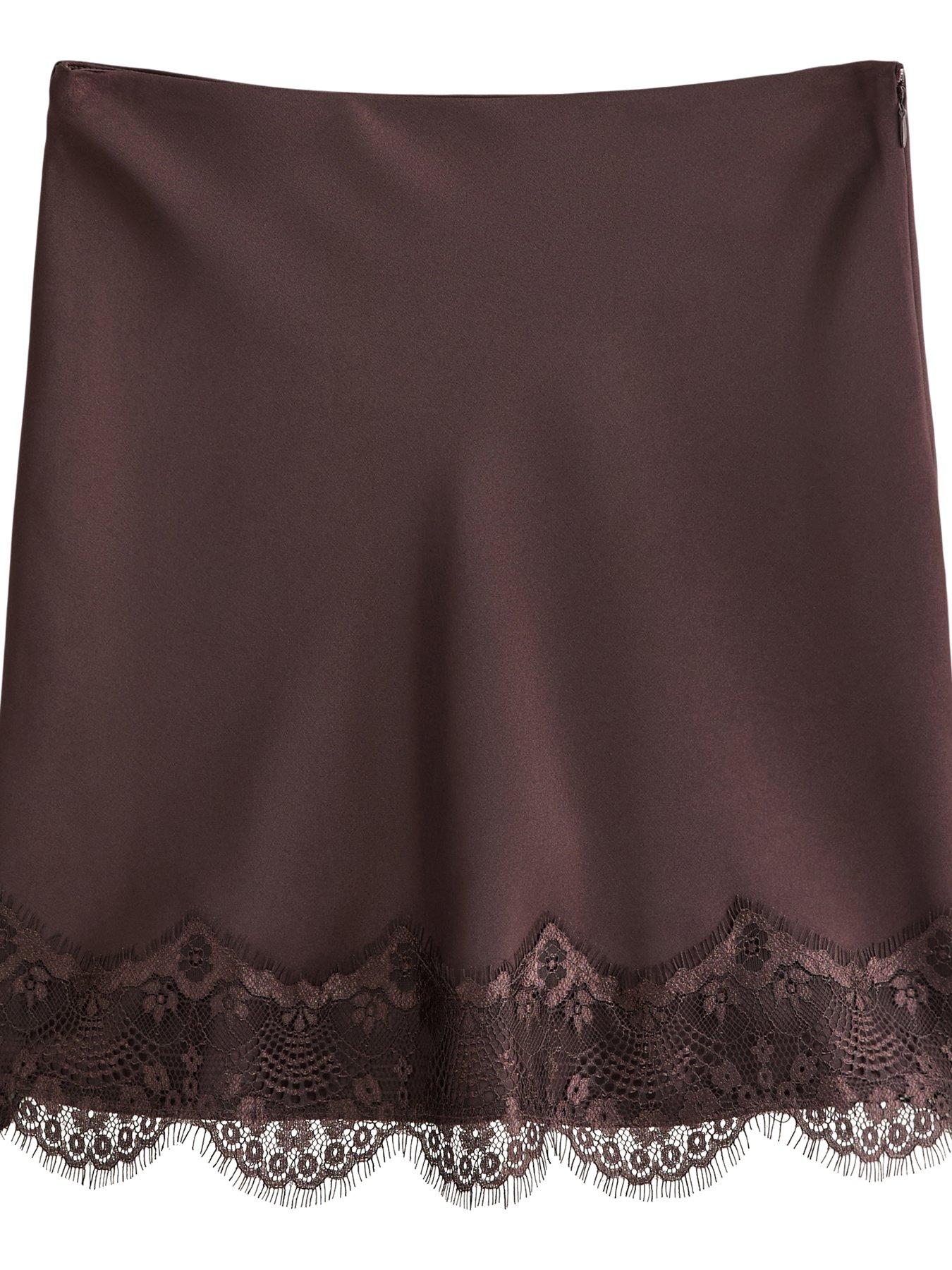Image 6 of 6 of New Look Womens Satin Lace Hem Mini Skirt - Brown