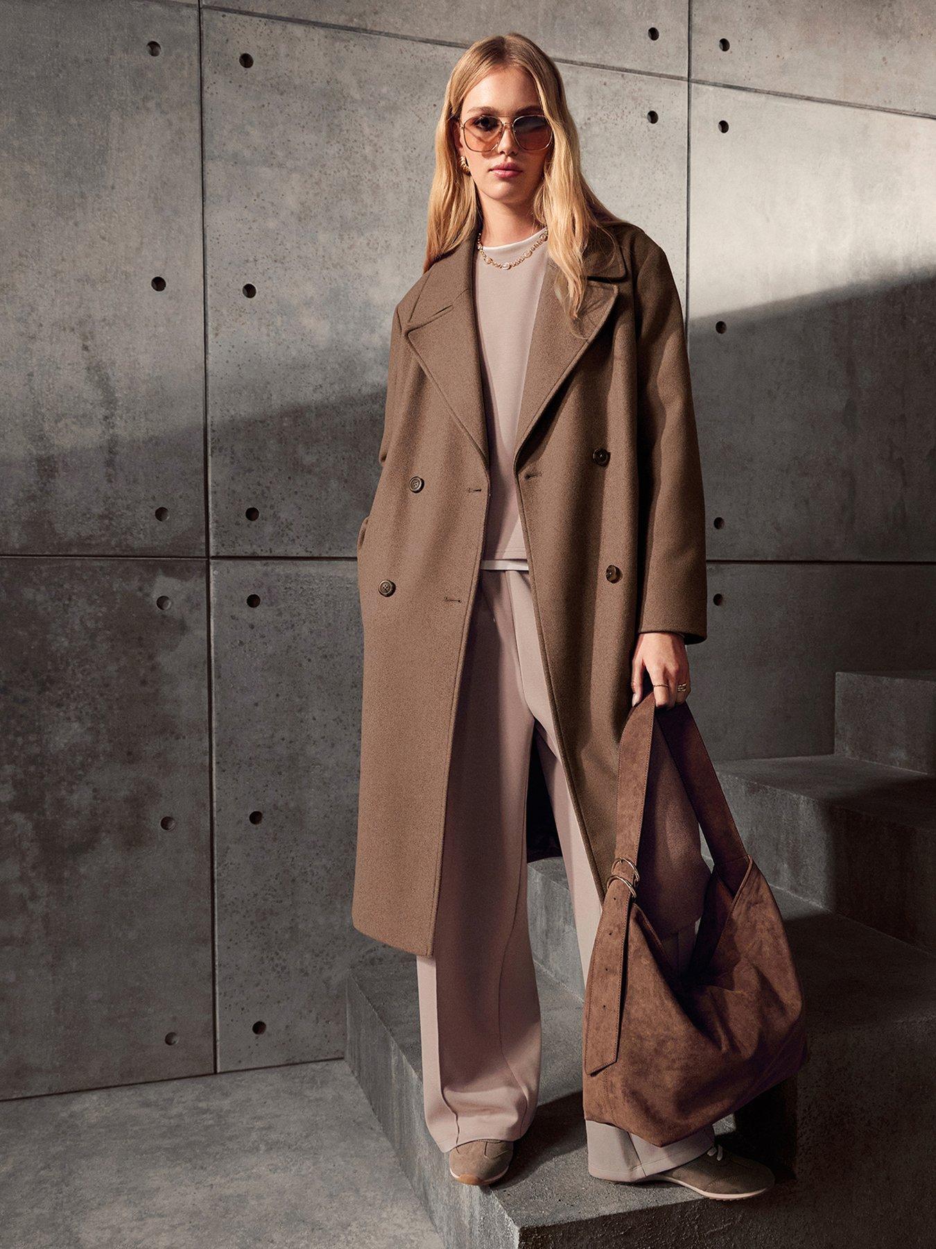 Image 1 of 5 of New Look Womens Double-Breasted Longline Coat - Brown