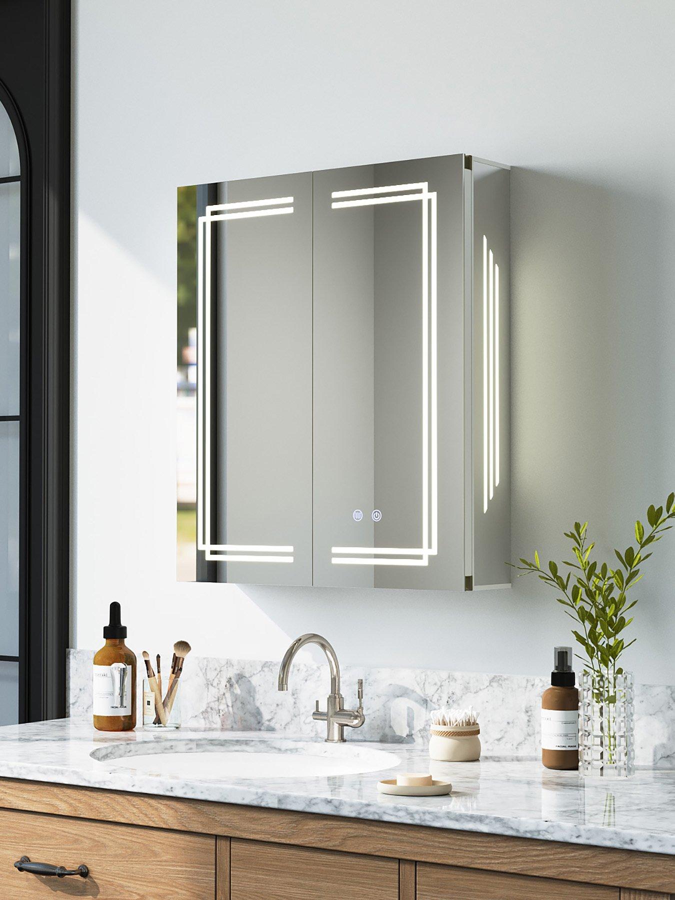 Living And Home Wall-Mounted Anti-Fog Bathroom Mirror Cabinet With Led Lights And Shelves in One Colour