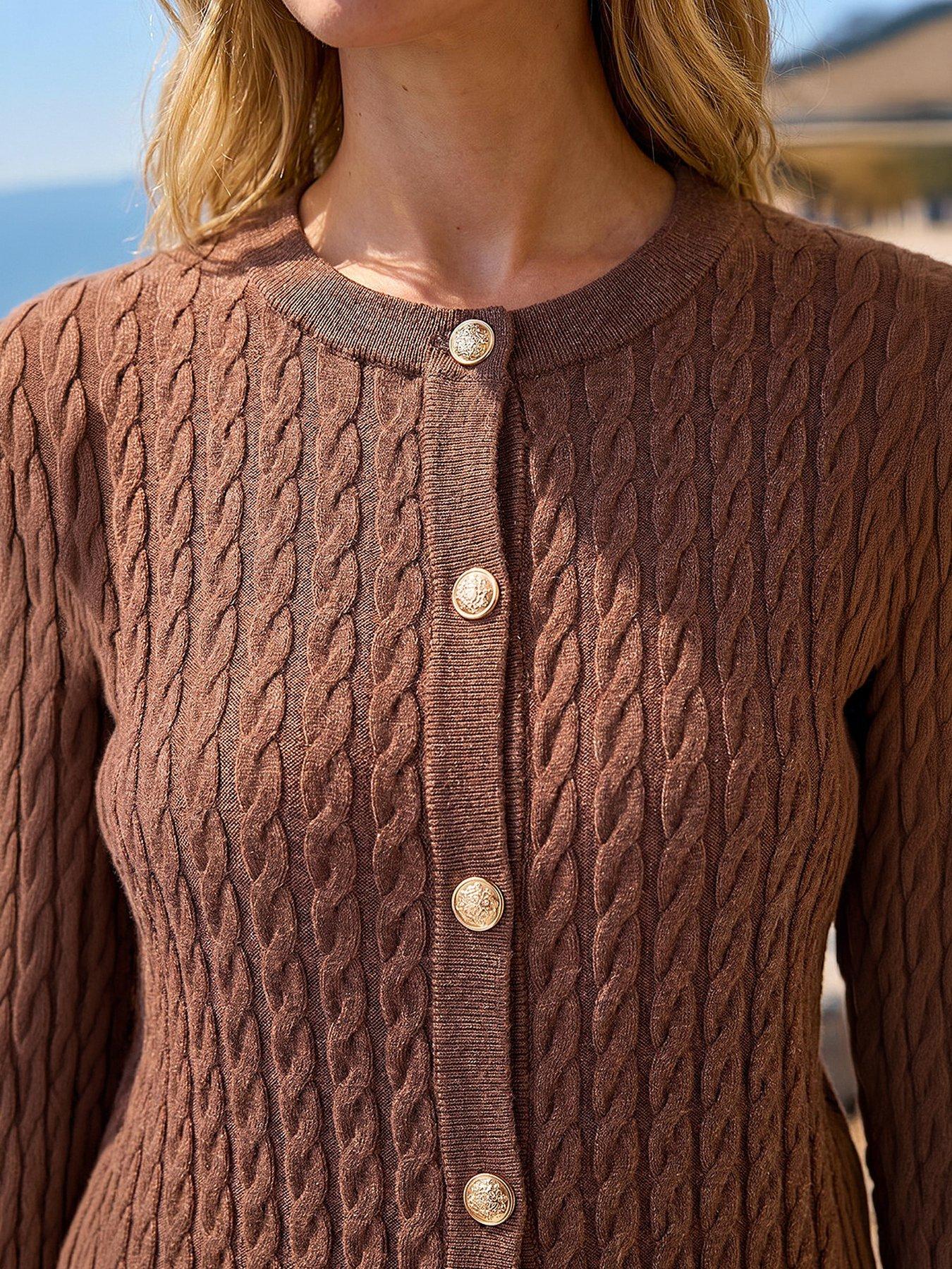 Image 2 of 4 of Roman Cable Knit Cardigan - Chocolate Brown