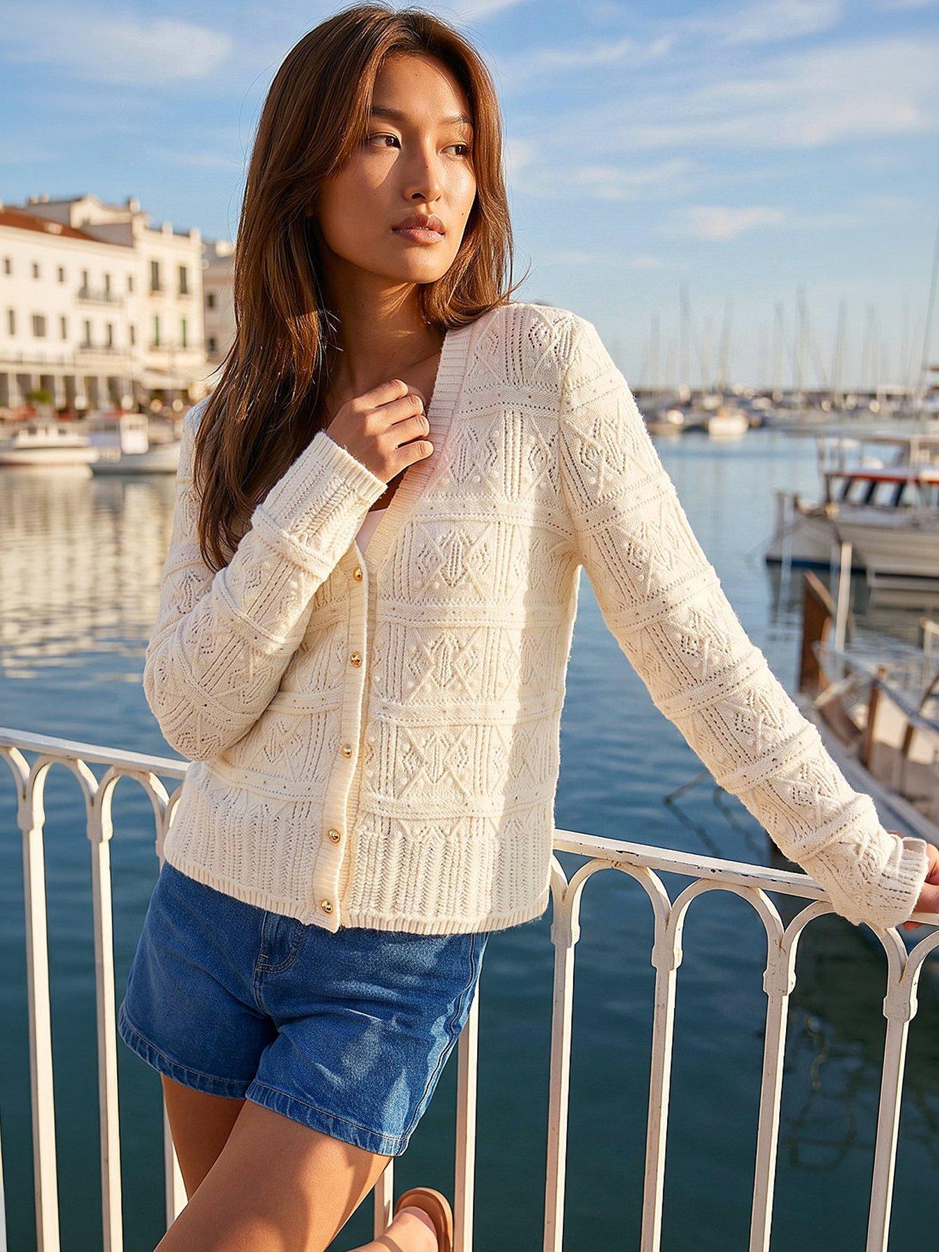 Roman Pointelle Knit Cardigan - Ivory