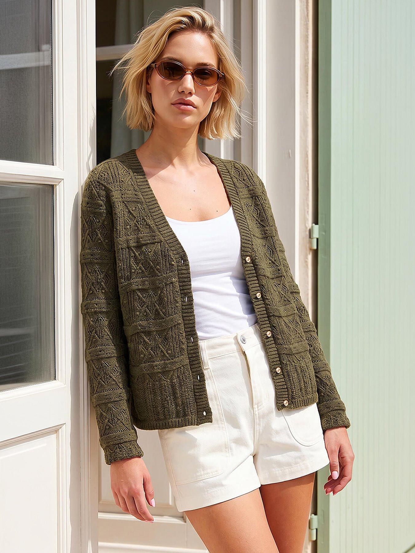 Image 4 of 4 of Roman Pointelle Cardigan - Khaki