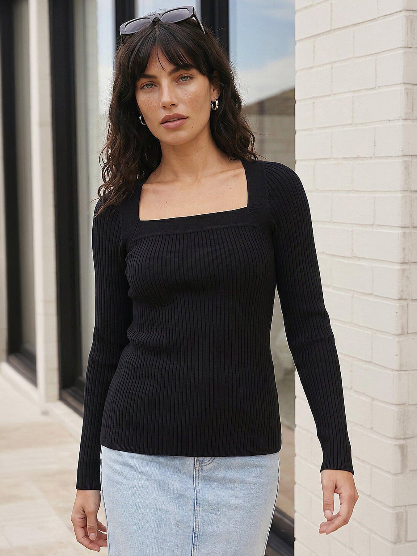 Roman Square Neck Ribbed Knit - Black