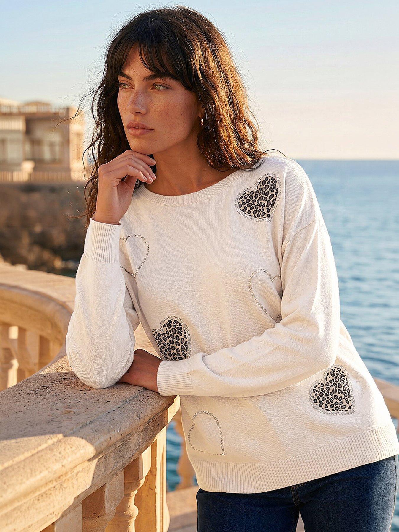 Roman Animal Heart Print Embellished Knit Jumper - Ivory