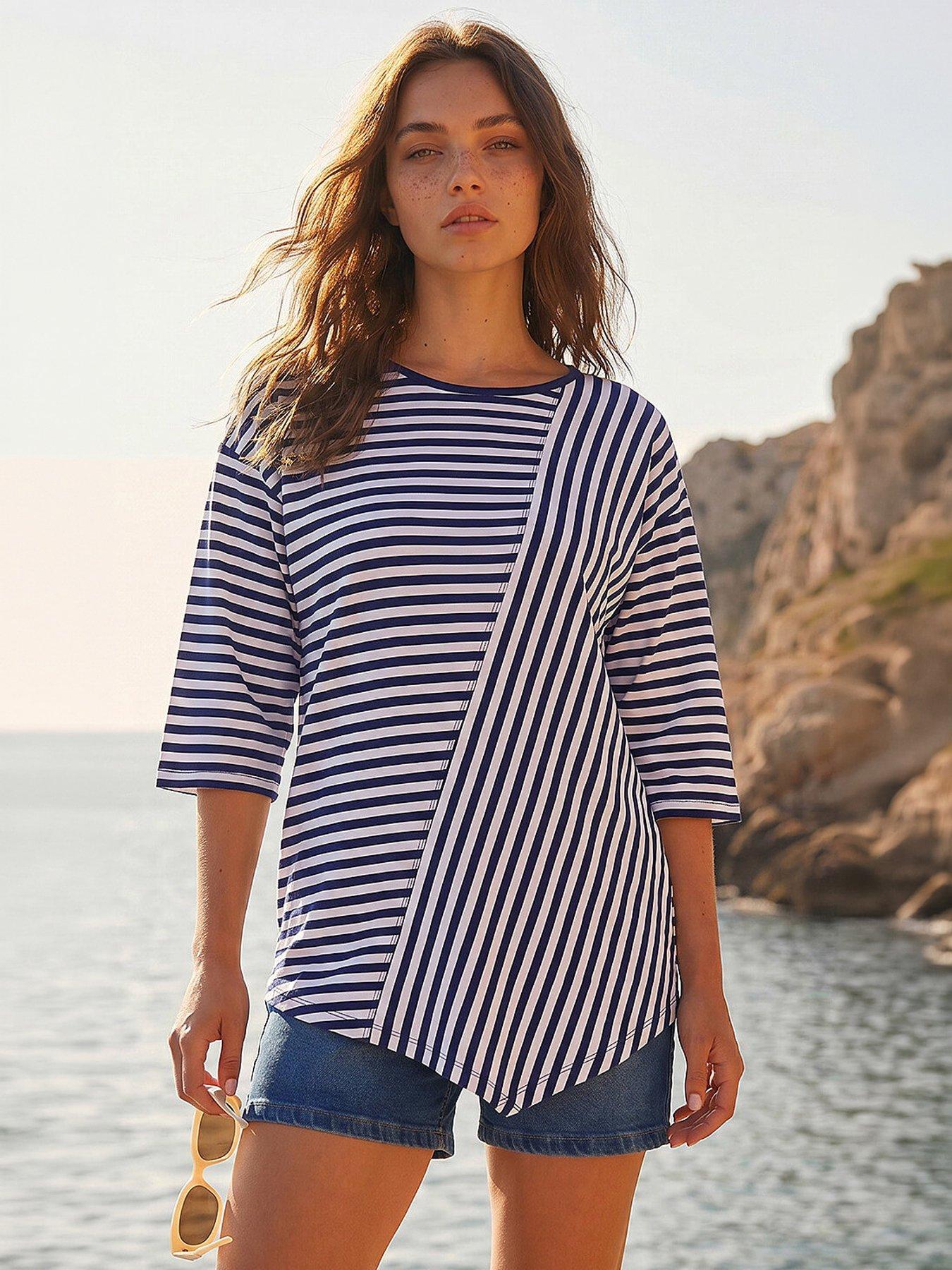 Image 1 of 4 of Roman Petite Asymmetric Stripe Top - Navy