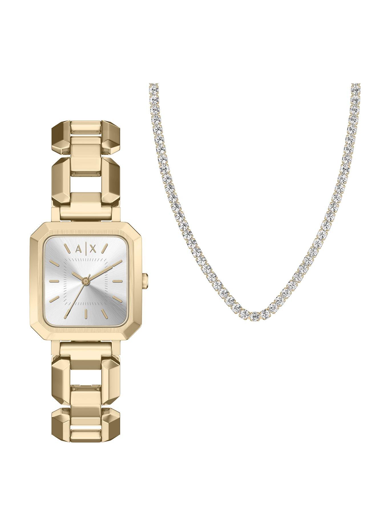 Armani Exchange Armani Exchange Women's Three-Hand Gold-Tone Stainless Steel Watch and Necklace Set, AX7186SET