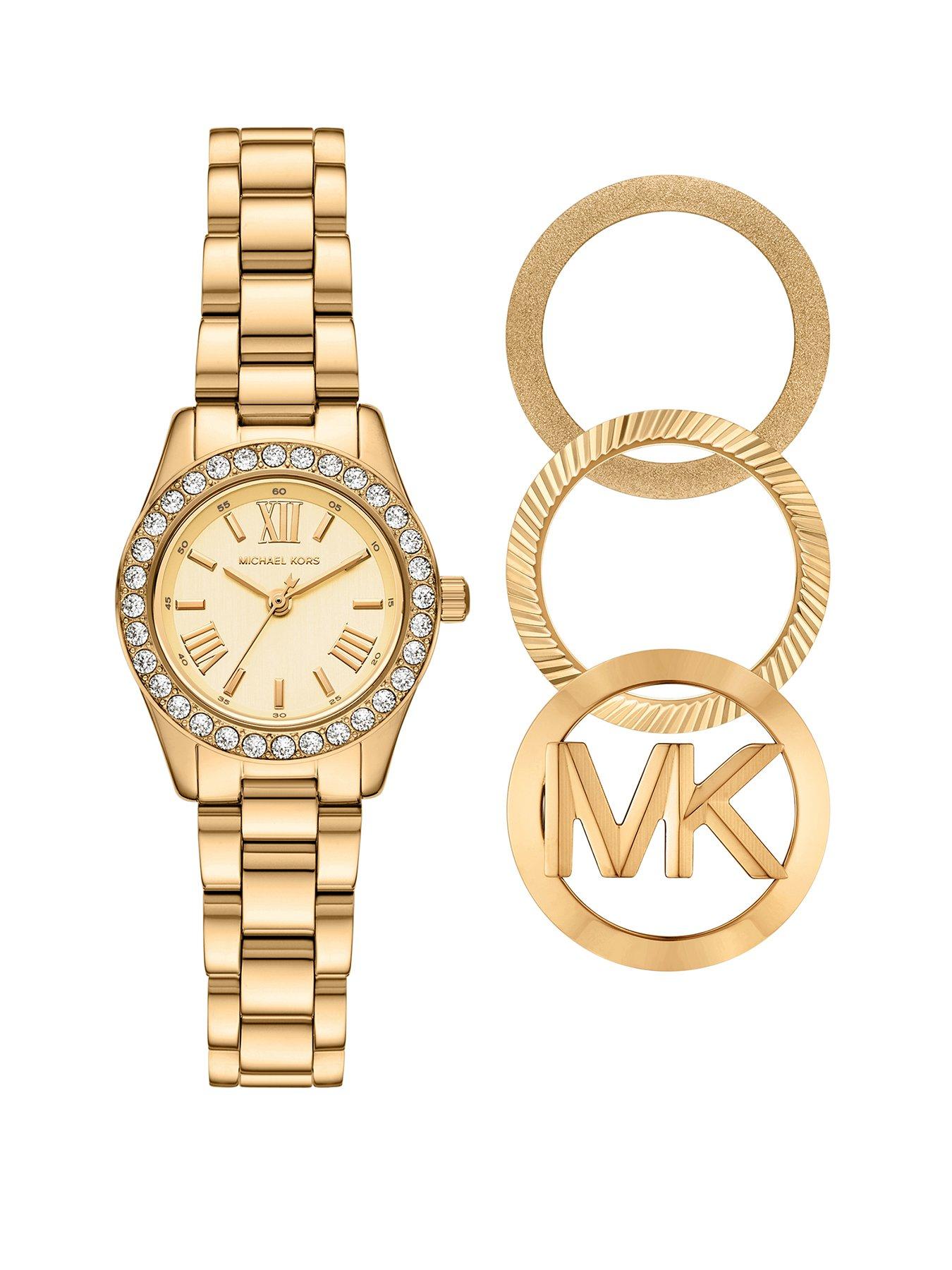 Michael Kors Michael Kors Women's Lexington Three-Hand Gold-Tone Stainless Steel Watch and Interchangeable Topring Set, MK7659SET