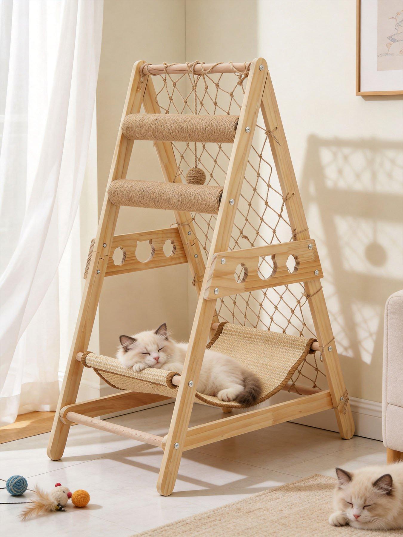 Living And Home Wooden Cat Climbing Tower With Hammock Scratching Post in One Colour