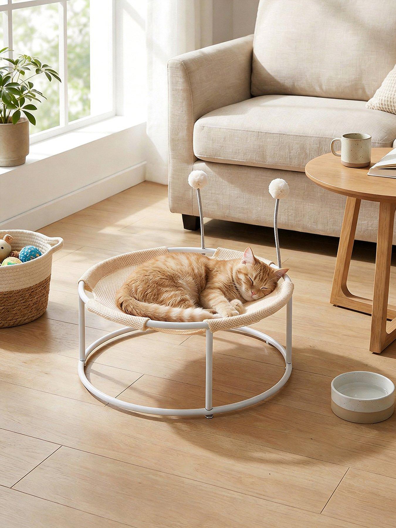 Living And Home Beige Elevated Round Cat Hammock Bed With Spring-Loaded Ball Toys