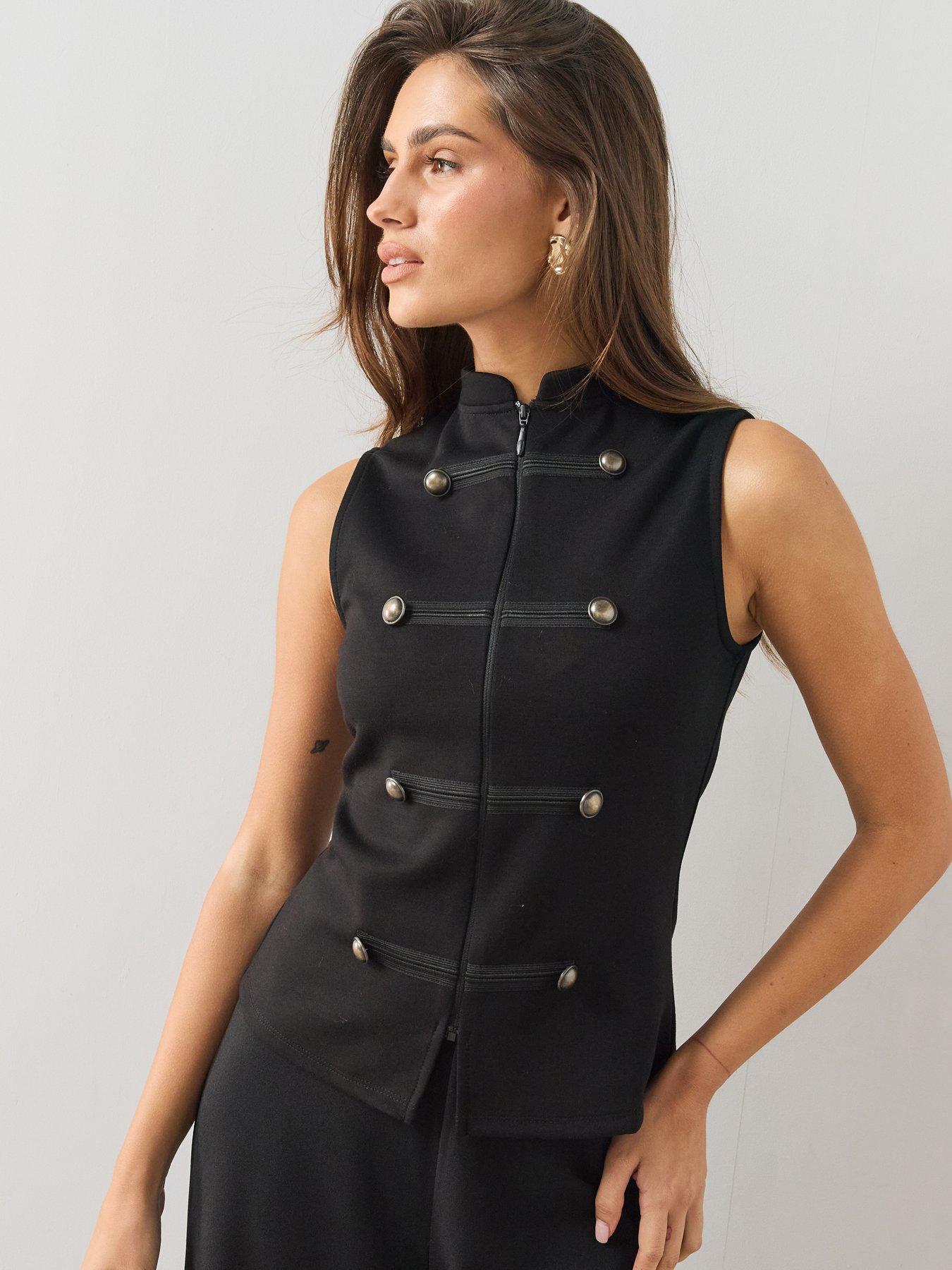 Image 4 of 6 of The Very Collection Military Button Trim Zip Front Top - Black