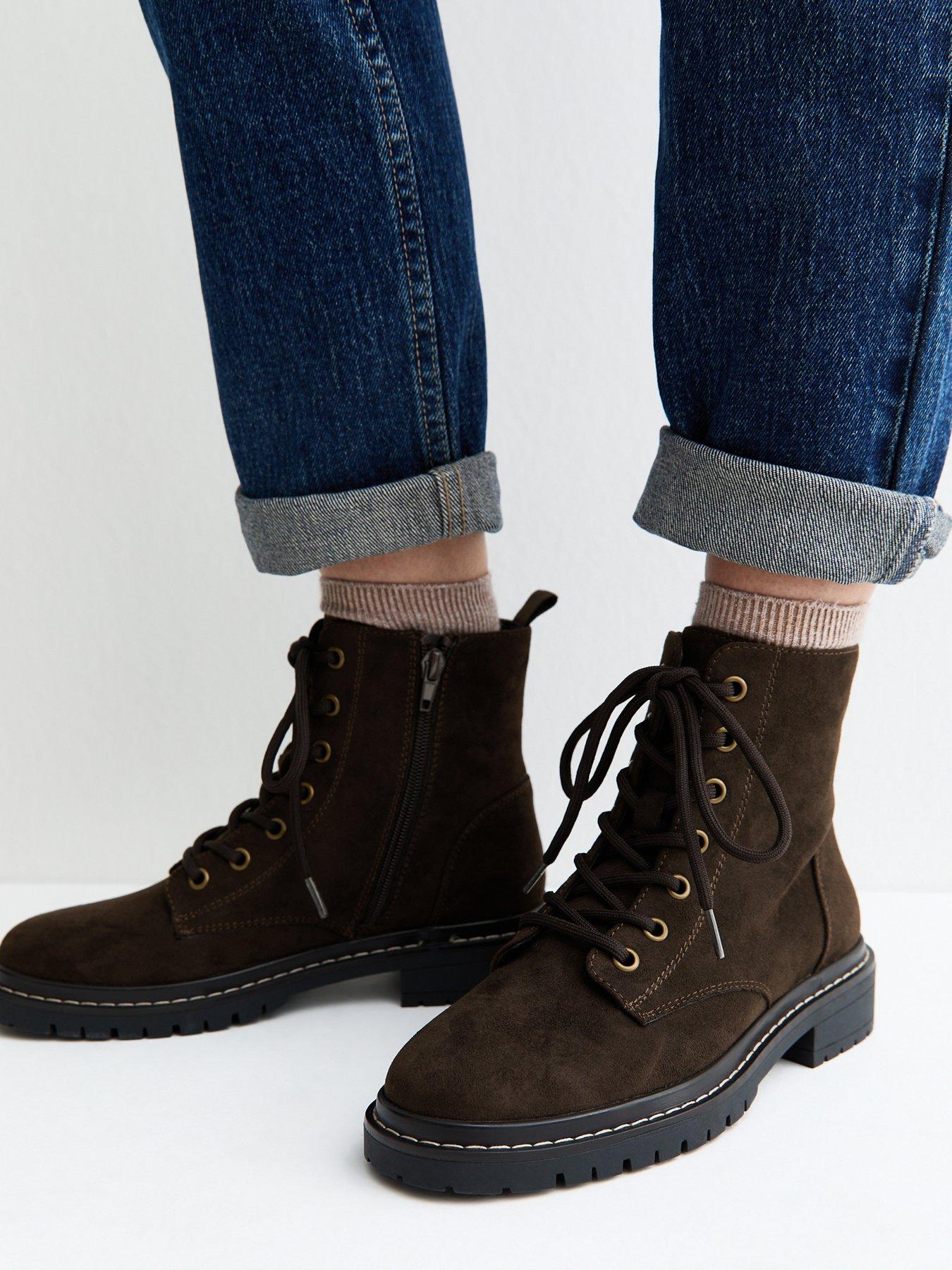 Image 1 of 6 of New Look Faux Suede Stitch Trim Faux Lace Up Ankle Boots - Dark Brown