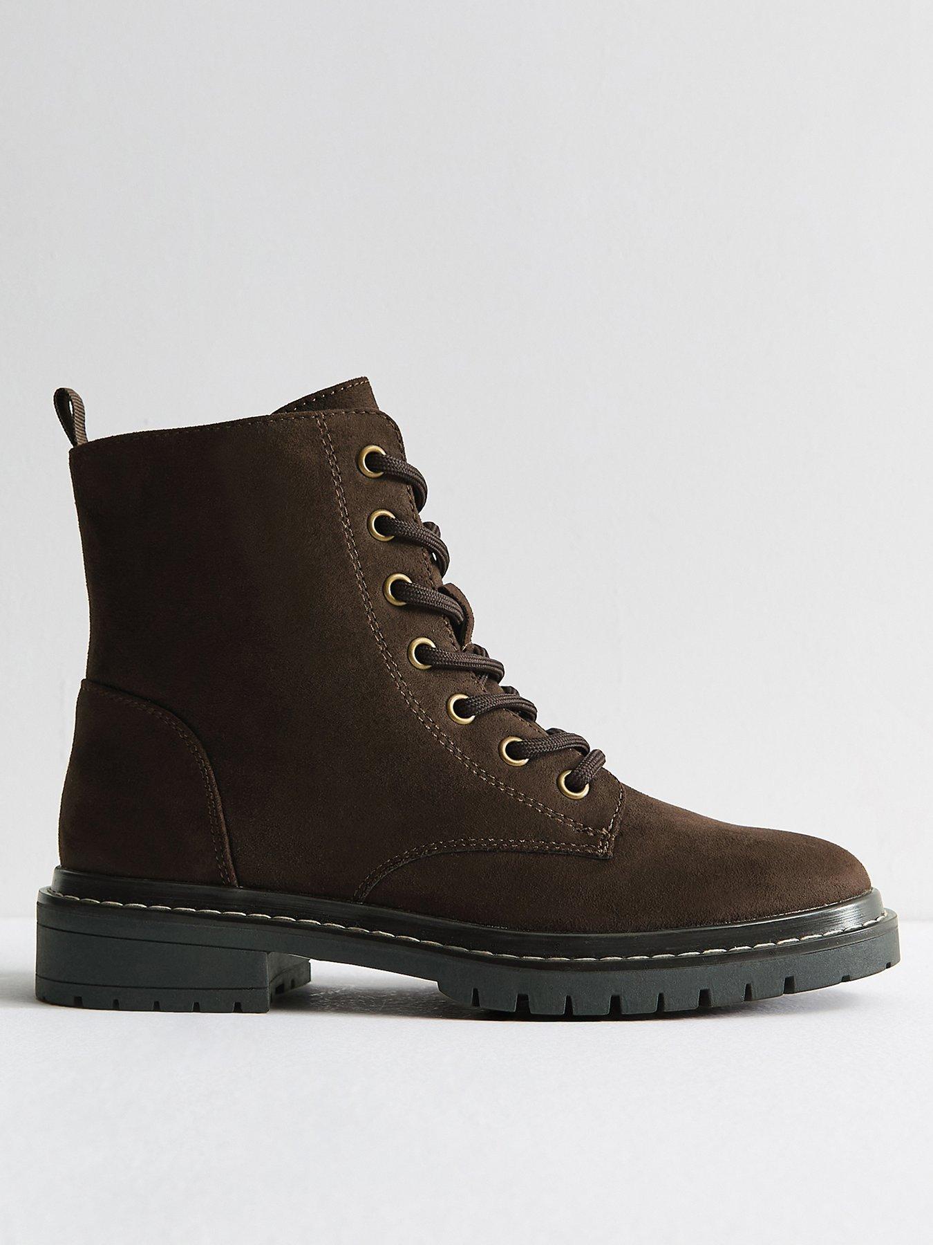 Image 2 of 6 of New Look Faux Suede Stitch Trim Faux Lace Up Ankle Boots - Dark Brown