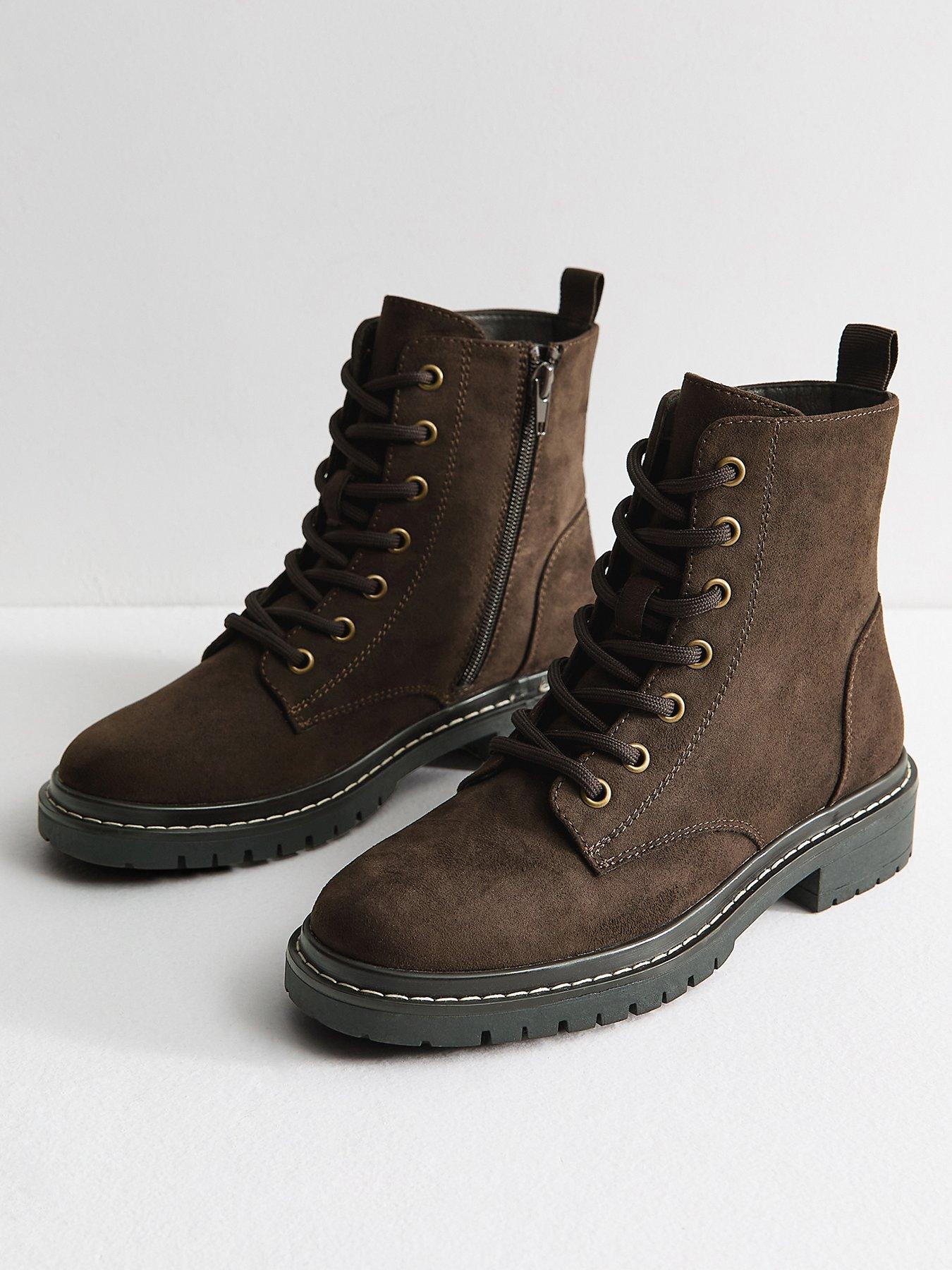 Image 3 of 6 of New Look Faux Suede Stitch Trim Faux Lace Up Ankle Boots - Dark Brown