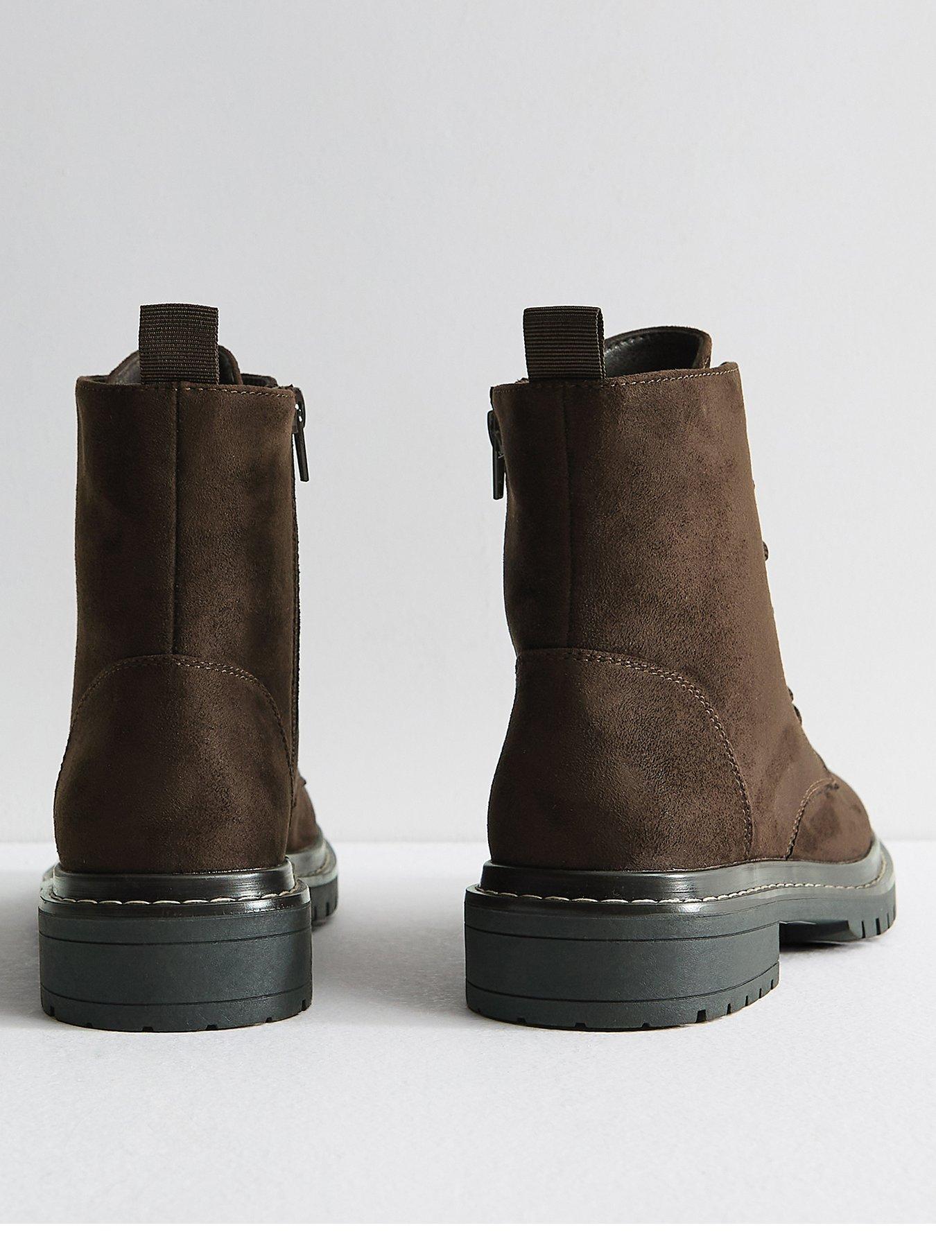 Image 4 of 6 of New Look Faux Suede Stitch Trim Faux Lace Up Ankle Boots - Dark Brown
