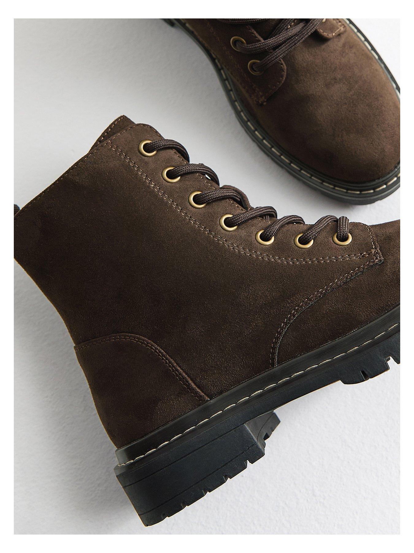 Image 5 of 6 of New Look Faux Suede Stitch Trim Faux Lace Up Ankle Boots - Dark Brown