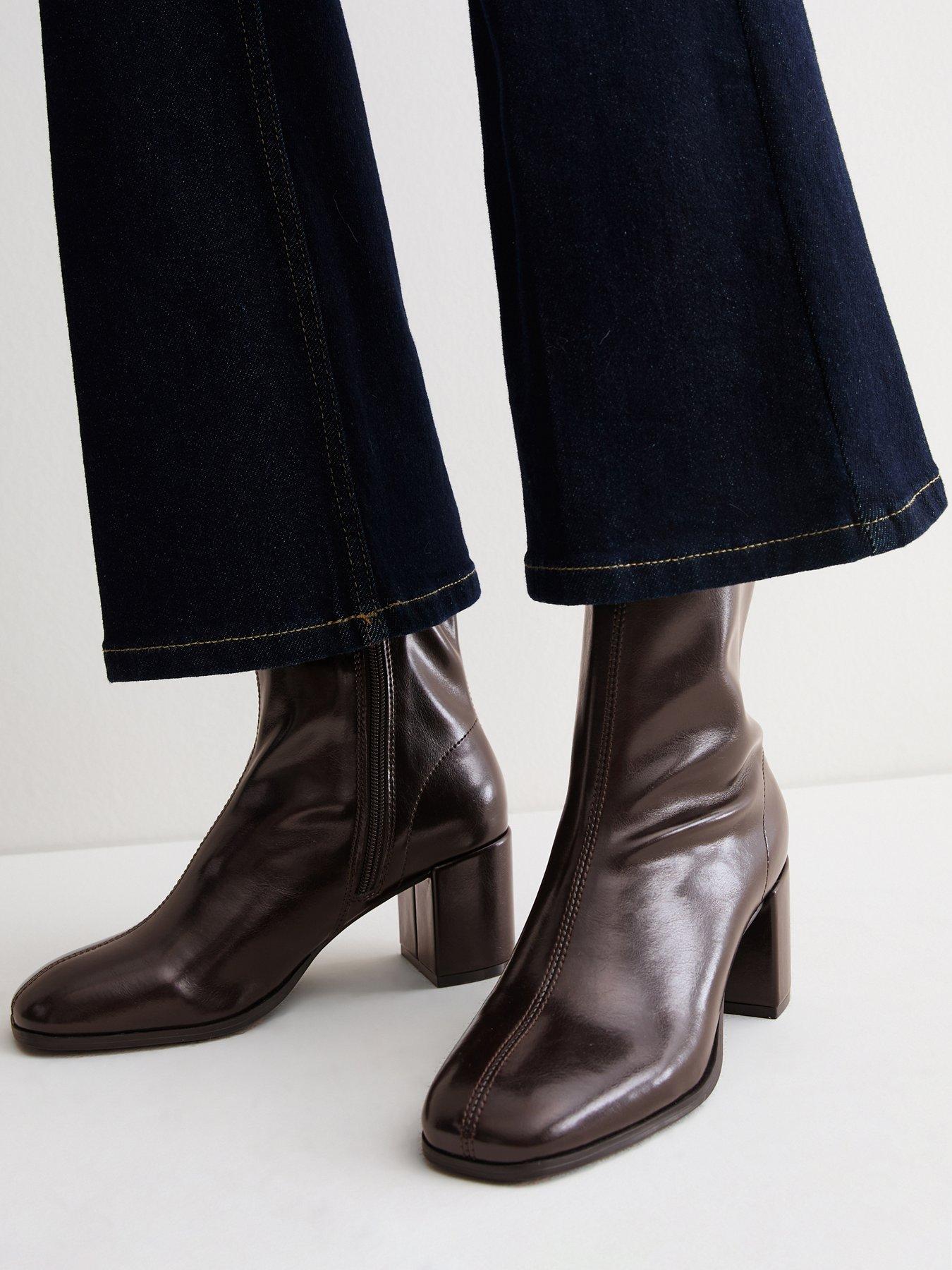 New Look Women's Faux Leather Sock Block Heel Ankle Boots - Brown
