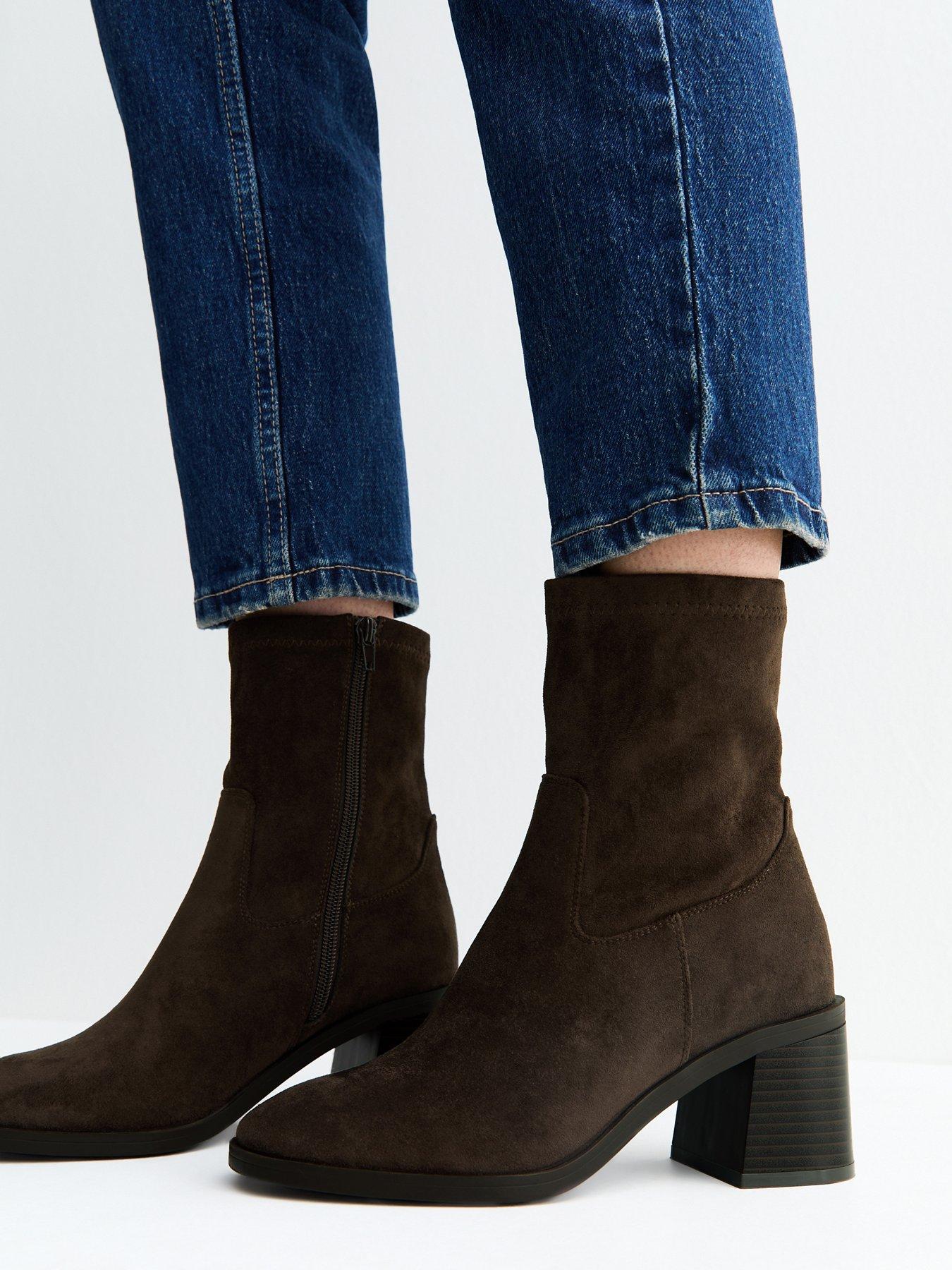 Image 1 of 6 of New Look Wide Fit Dark Brown Faux Suede Stacked Heel Sock Ankle Boots
