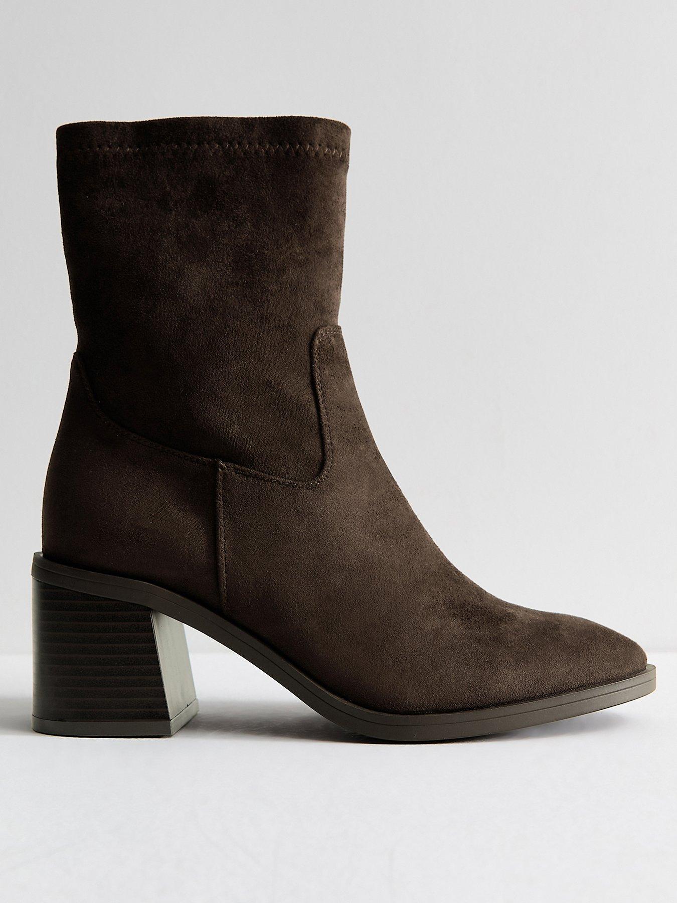 Image 2 of 6 of New Look Wide Fit Dark Brown Faux Suede Stacked Heel Sock Ankle Boots