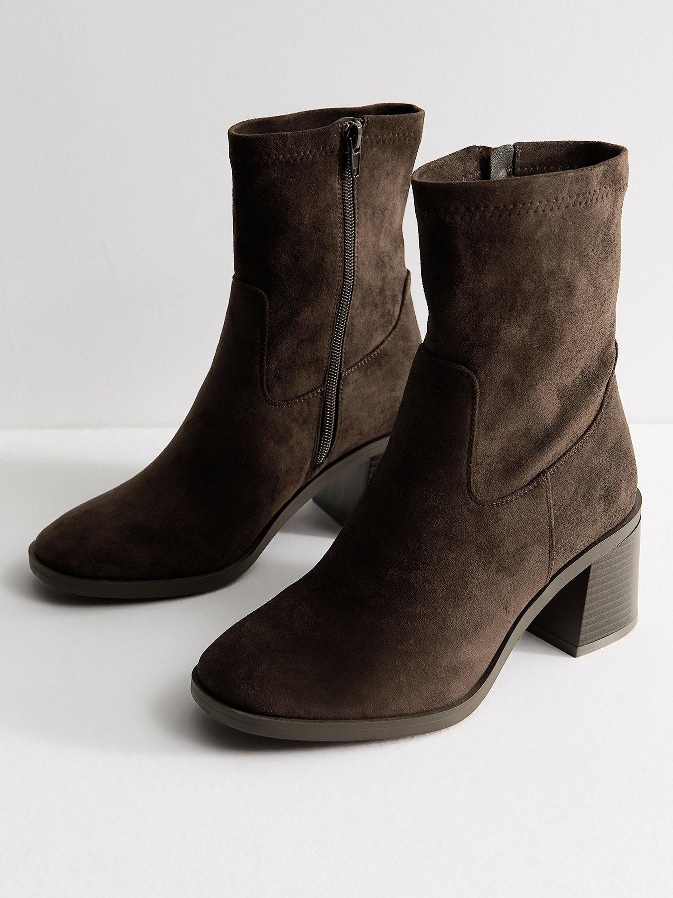 Image 3 of 6 of New Look Wide Fit Dark Brown Faux Suede Stacked Heel Sock Ankle Boots
