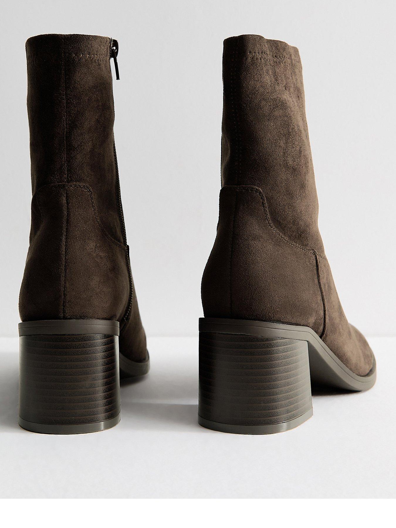 Image 4 of 6 of New Look Wide Fit Dark Brown Faux Suede Stacked Heel Sock Ankle Boots