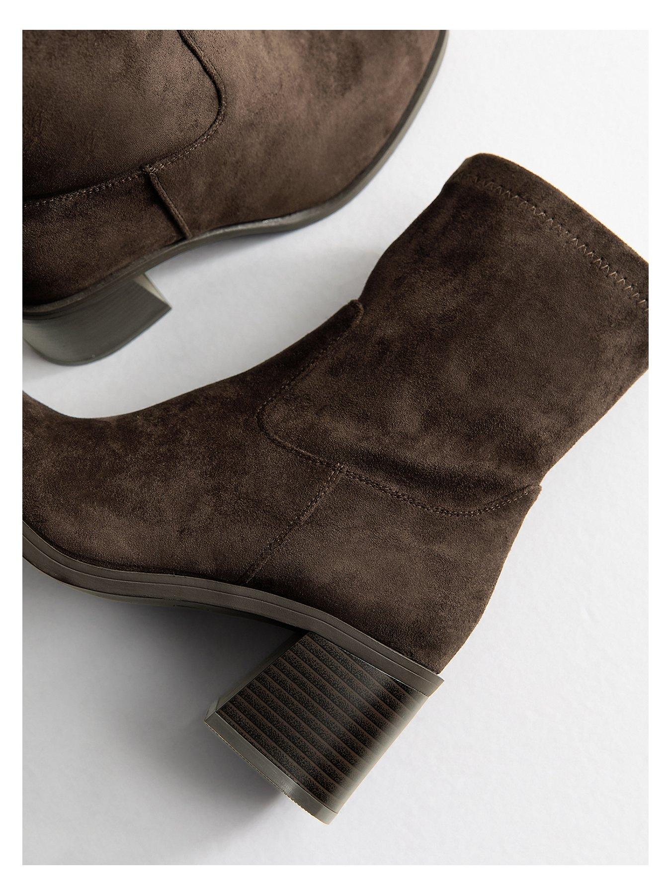 Image 5 of 6 of New Look Wide Fit Dark Brown Faux Suede Stacked Heel Sock Ankle Boots