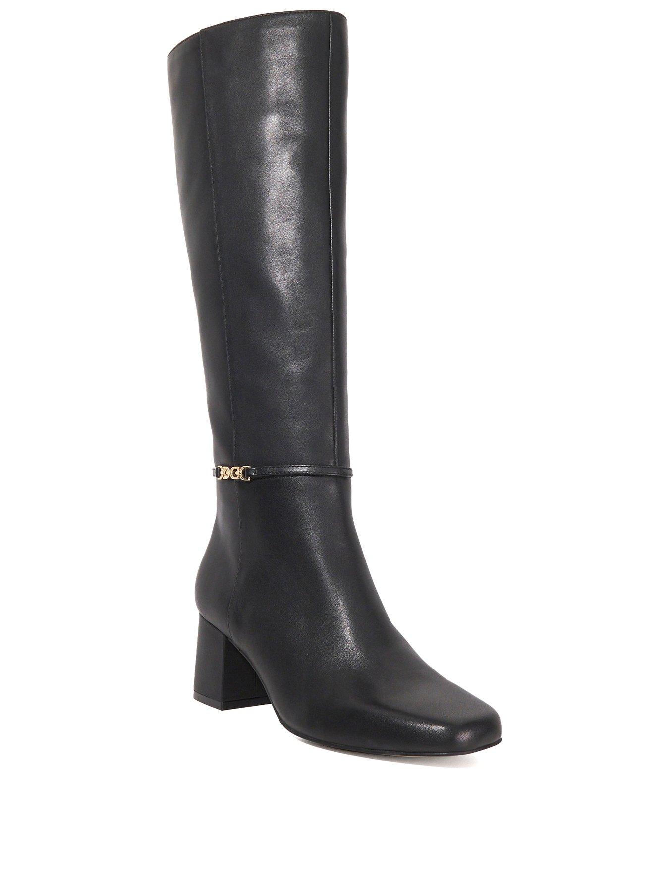 Image 2 of 6 of Dune London Wide Fit Sanna Snaffle Trim Knee Wide Fit Block Heeled Boots - Black