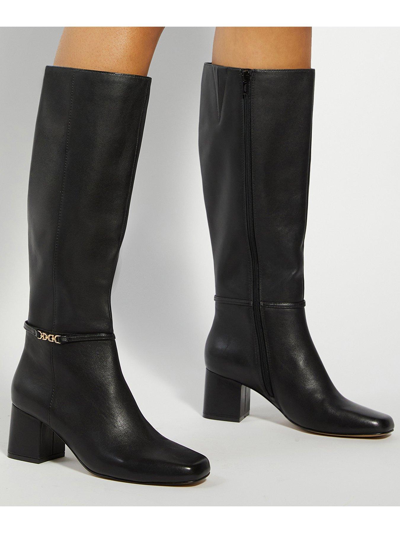 Image 6 of 6 of Dune London Wide Fit Sanna Snaffle Trim Knee Wide Fit Block Heeled Boots - Black