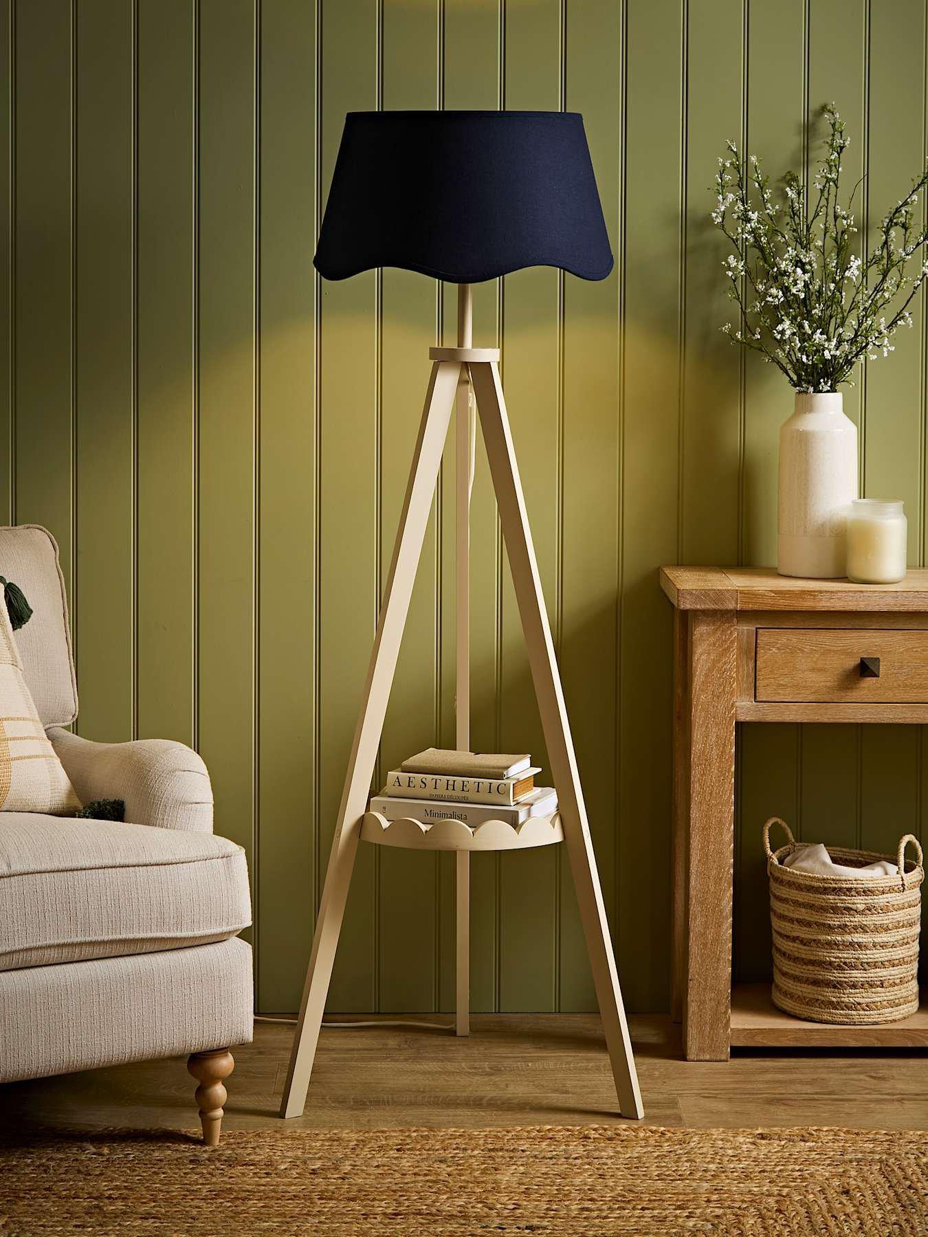 ValueLights Morrigan Cream Scallop Shelf Tripod Floor Lamp with Navy Scallop Shade and Warm White Bulb