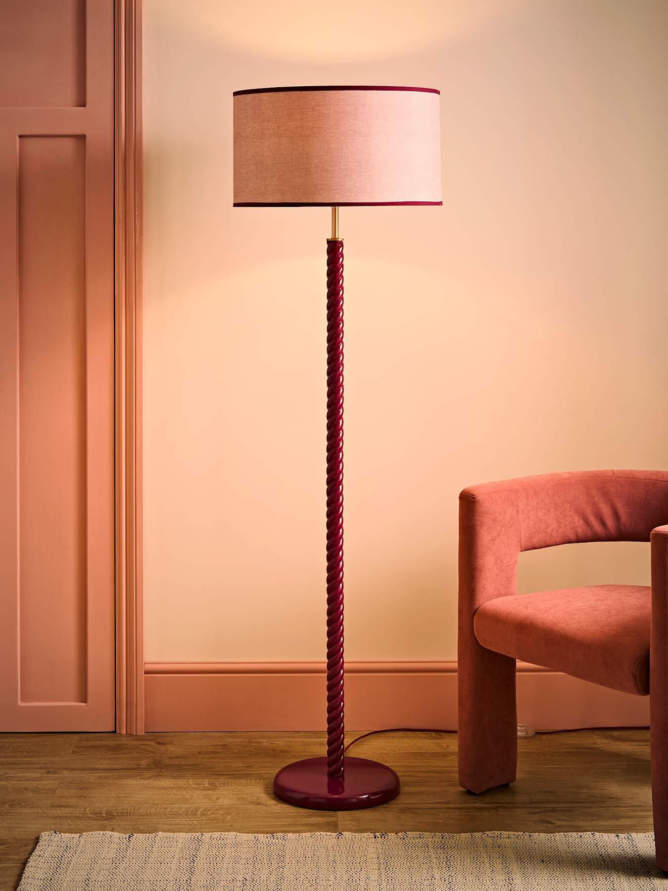 Image 3 of 7 of ValueLights Amara Pink Twist Floor Lamp with Colour Match Inner Shade and Warm White Bulb