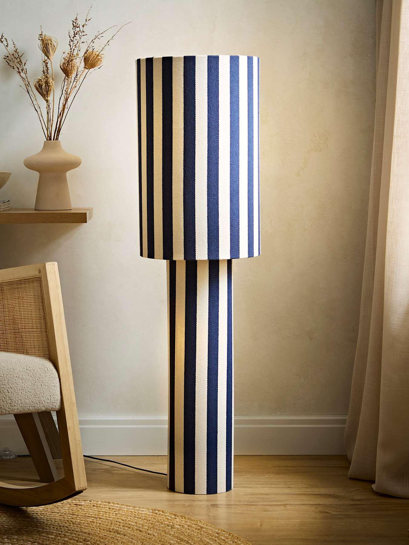ValueLights Florence Navy Deckchair Stripe Linen Midi Floor Lamp and Warm White Bulb
