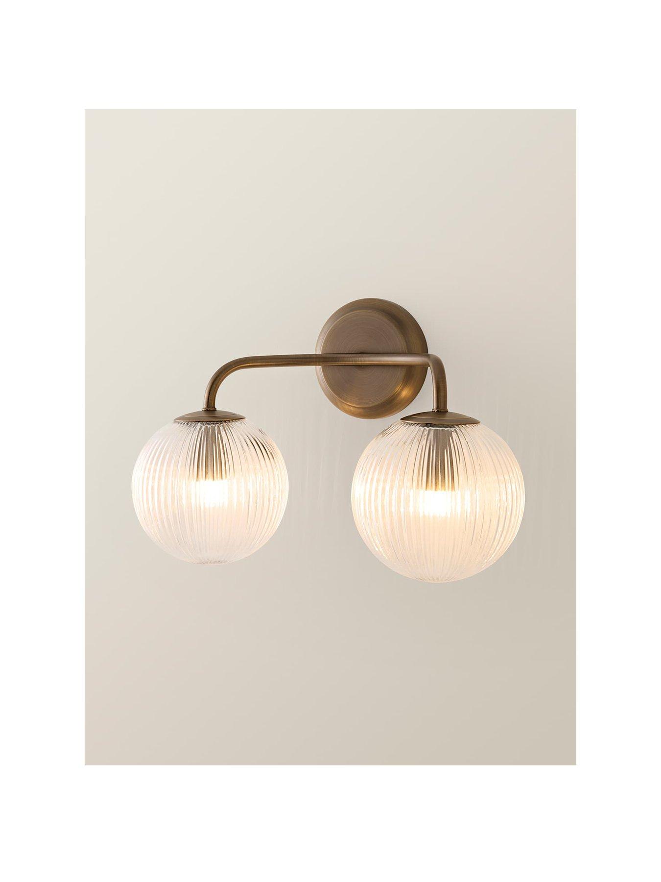 Image 2 of 6 of ValueLights Kempton Brushed Brass Ribbed Glass 2 Arm Wall Light and Warm White Bulb