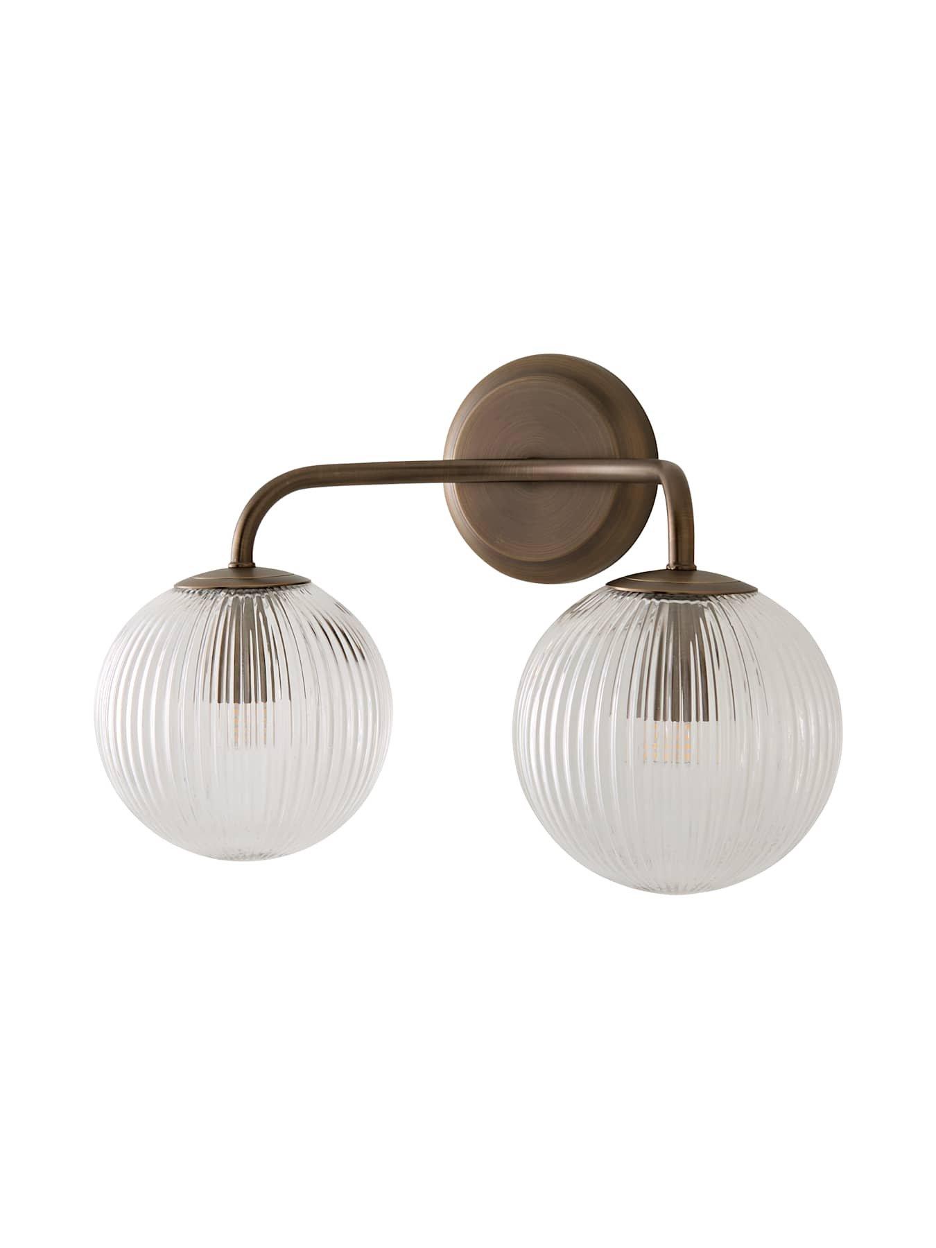 Image 6 of 6 of ValueLights Kempton Brushed Brass Ribbed Glass 2 Arm Wall Light and Warm White Bulb