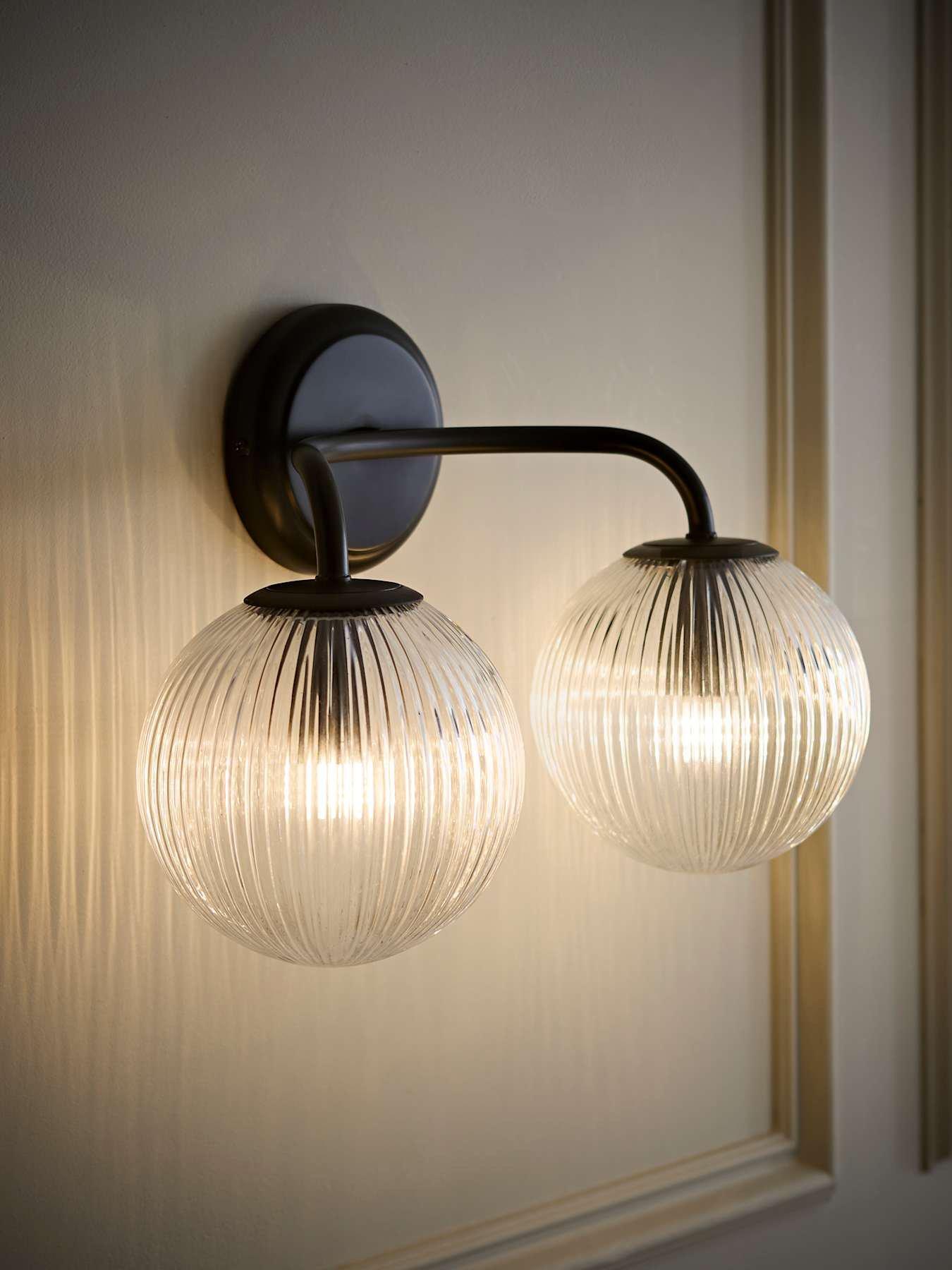 ValueLights Kempton Matte Black Ribbed Glass 2 Arm Wall Light and Warm White Bulb