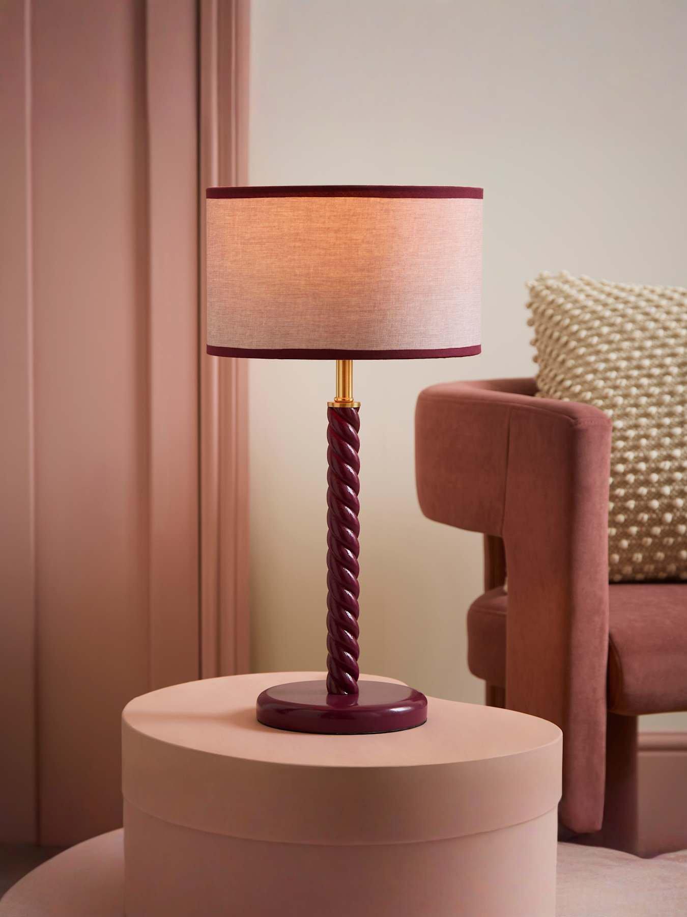 ValueLights Amara Pink Twist Table Lamp with Colour Match Inner Shade and Warm White Bulb